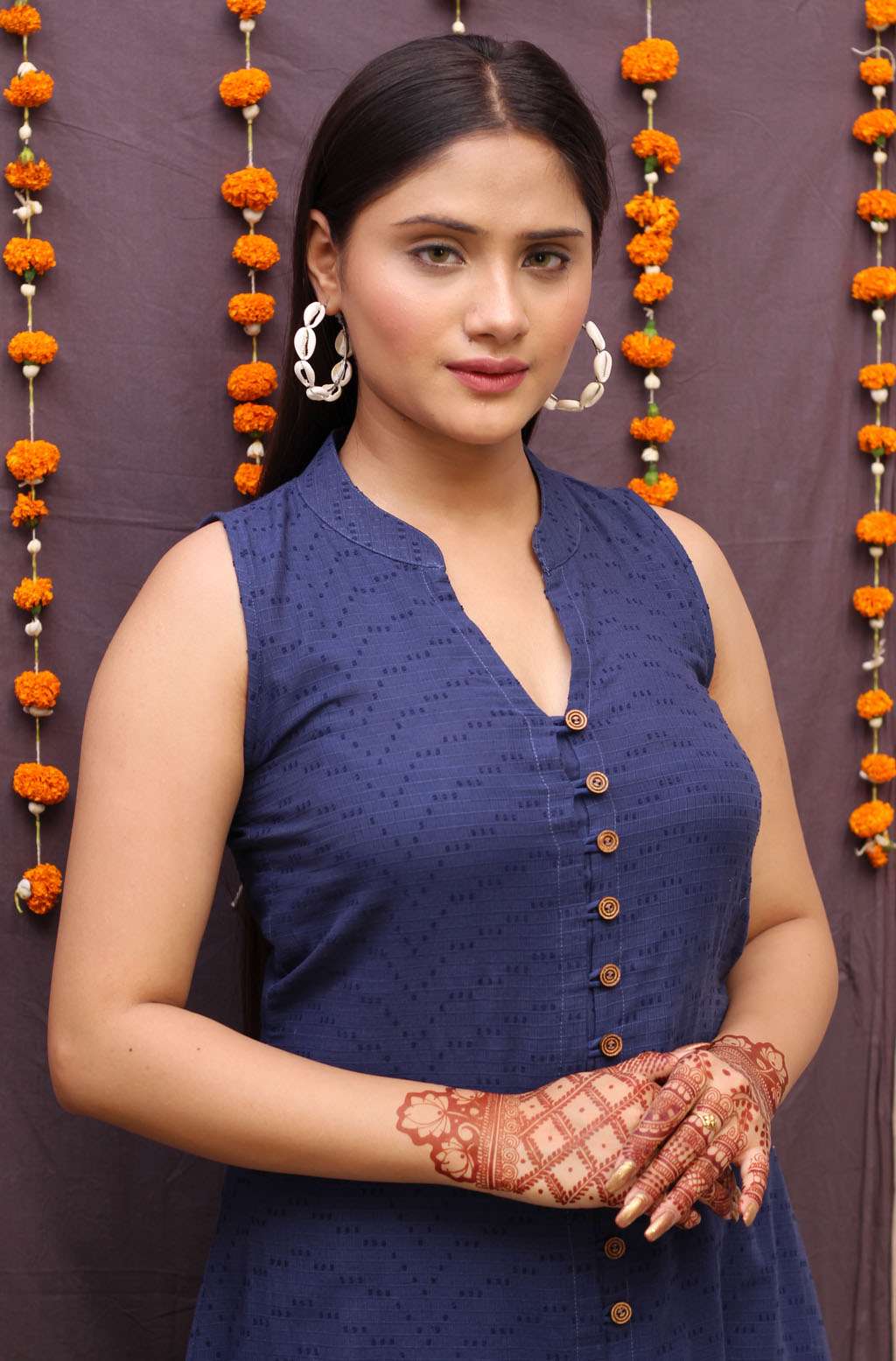 Festive Navy Blue Cotton Textured A-Line Kurta Pant Dupatta Set - Amber