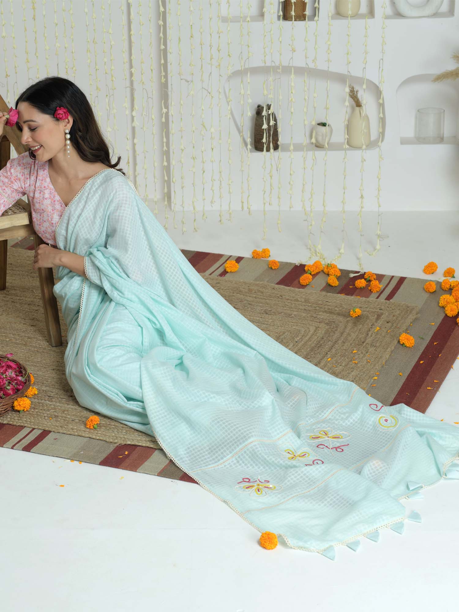 Sophisticated Pastel Blue Pink Cotton Check Saree Embroidered Pallu