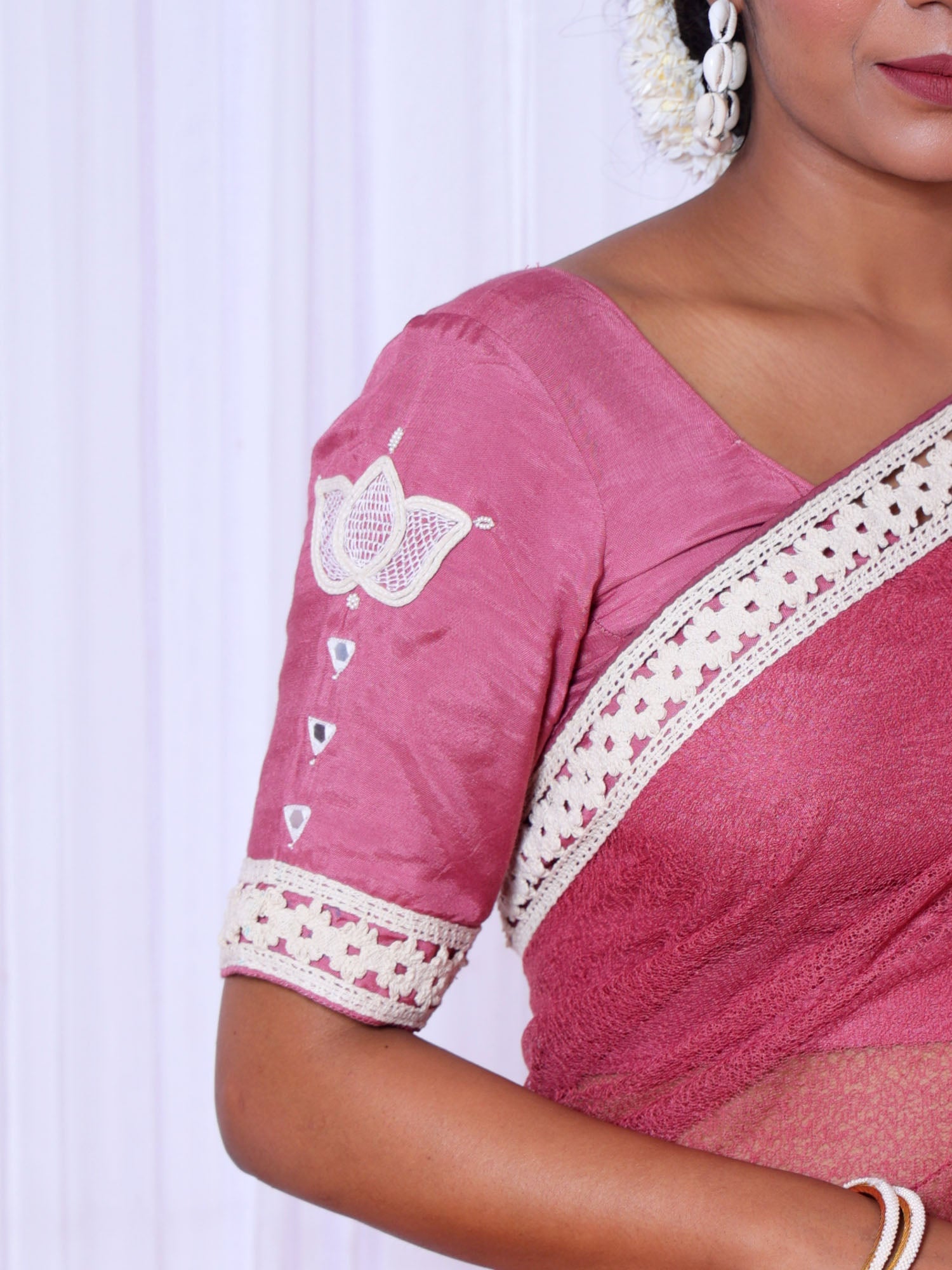 Alakananda Rose Pink Cotton Gauze Net Saree with Hand Embroidered Blouse - Designer Saree