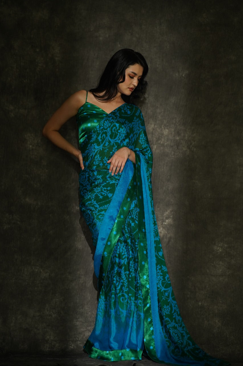 Manorama Jade Green Polka Dot Chiffon & Muslin Saree - Cocktail Party Wear