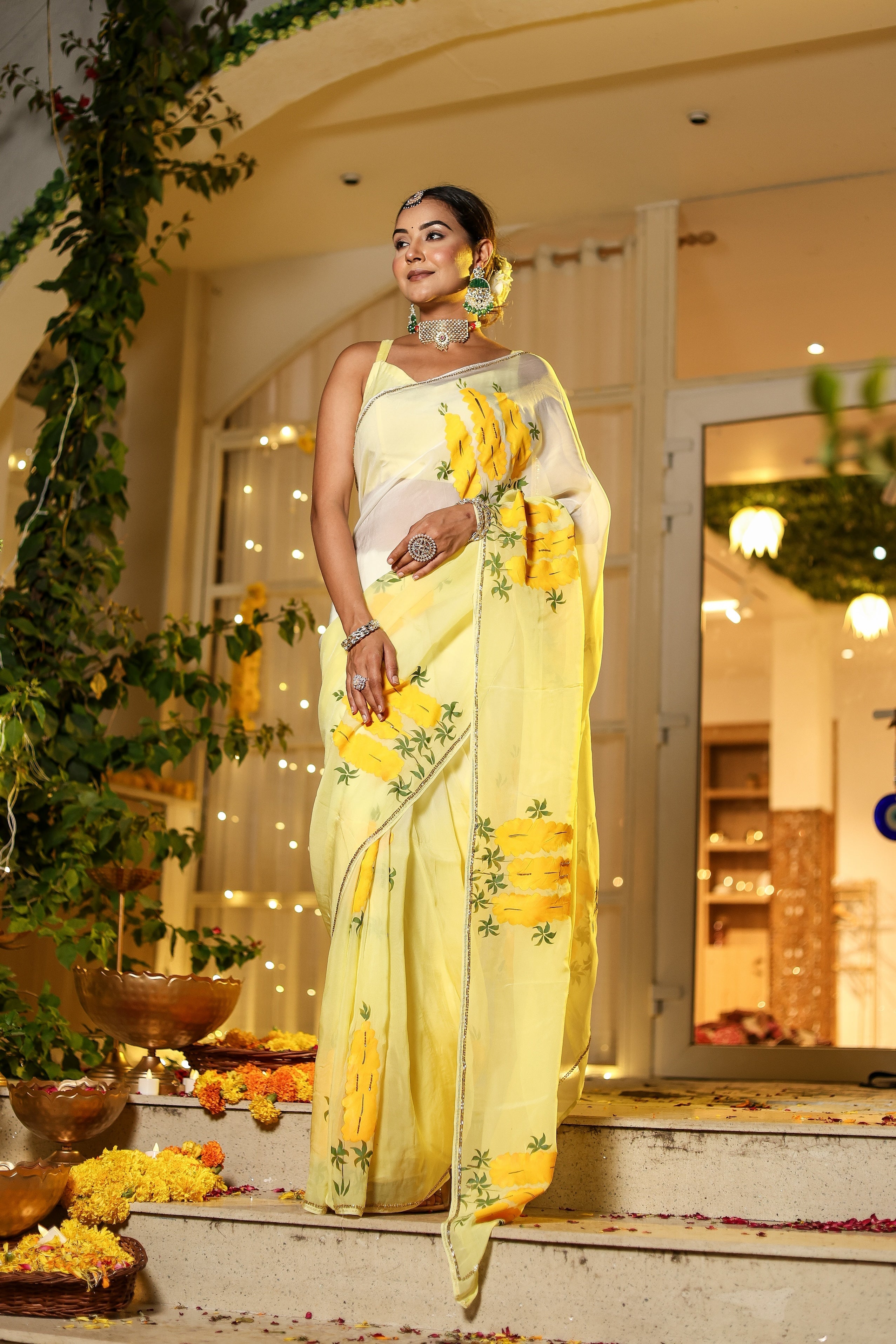 Exquisite Yellow Ombre Organza Handpainted Hand Embroidered Saree Floral