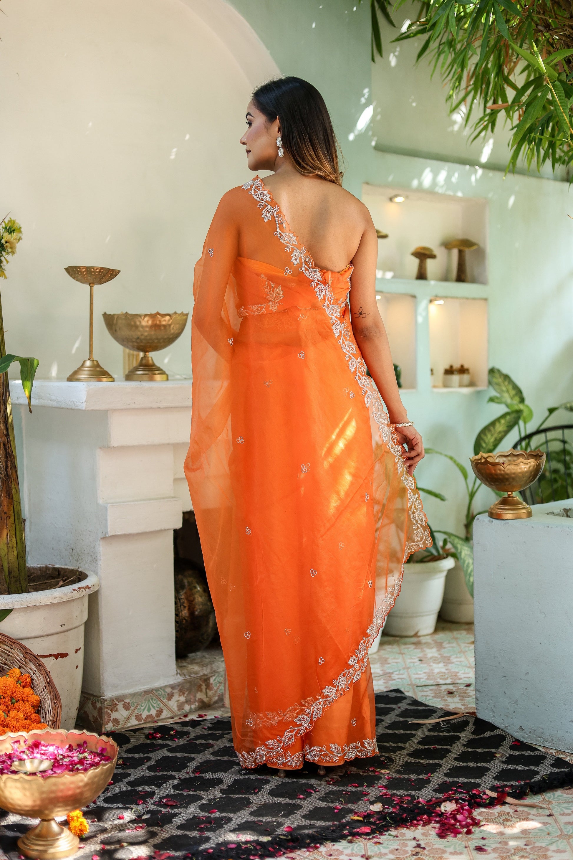 Enchanting Orange Chiffon Organza Hand Embroidered Saree Floral