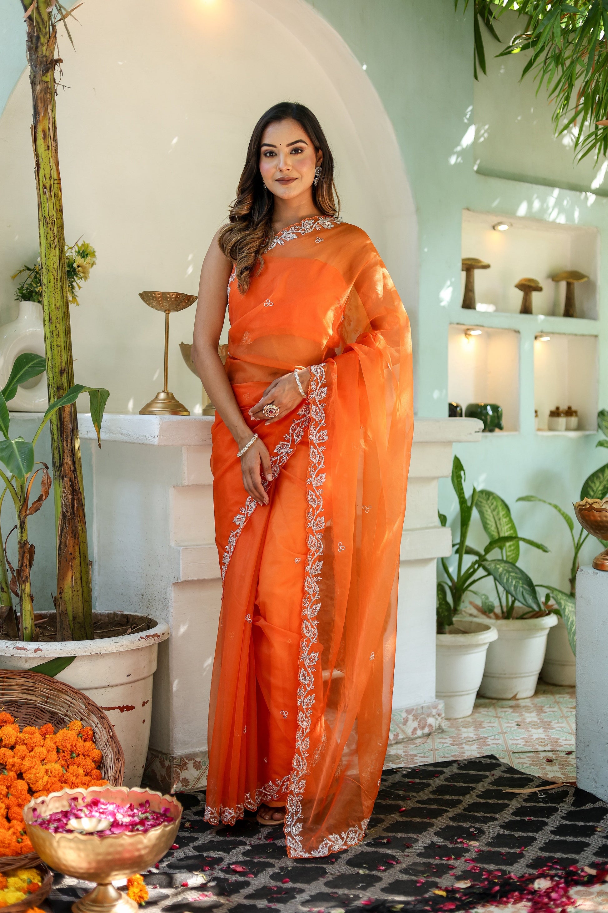 Enchanting Orange Chiffon Organza Hand Embroidered Saree Floral