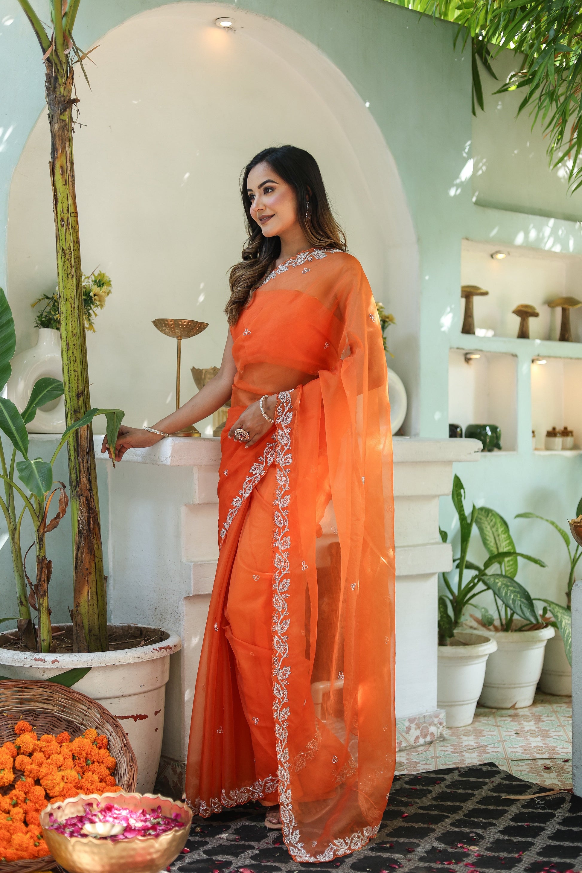 Enchanting Orange Chiffon Organza Hand Embroidered Saree Floral