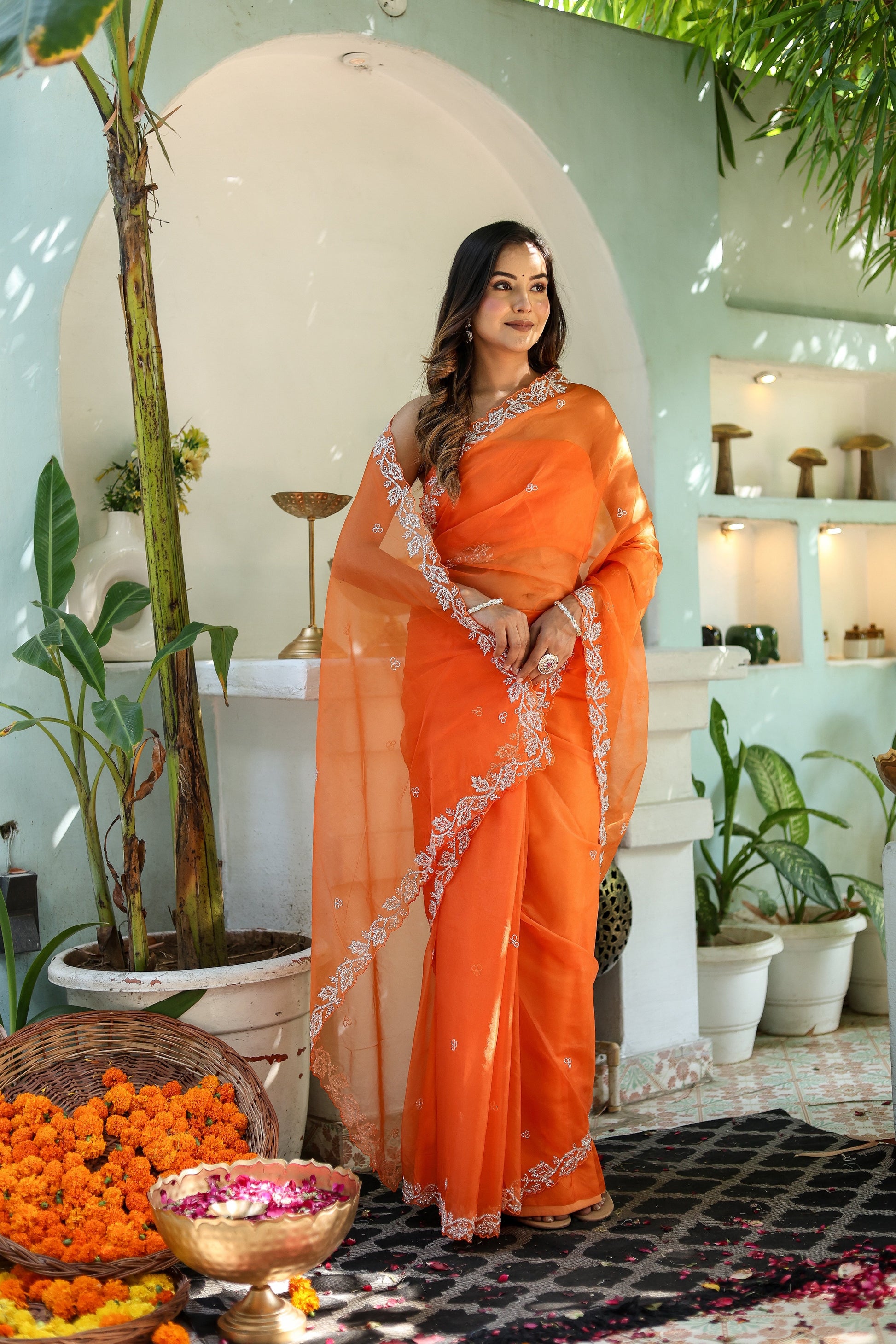 Enchanting Orange Chiffon Organza Hand Embroidered Saree Floral