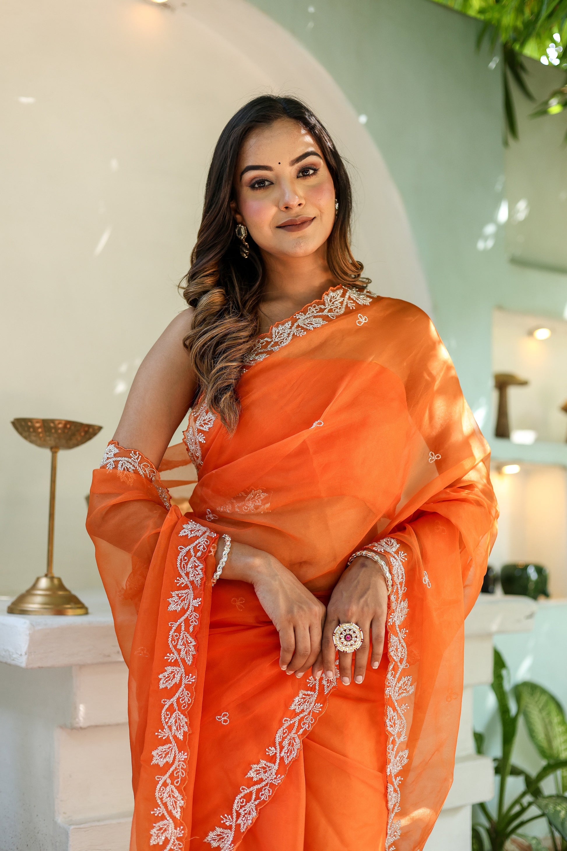 Enchanting Orange Chiffon Organza Hand Embroidered Saree Floral