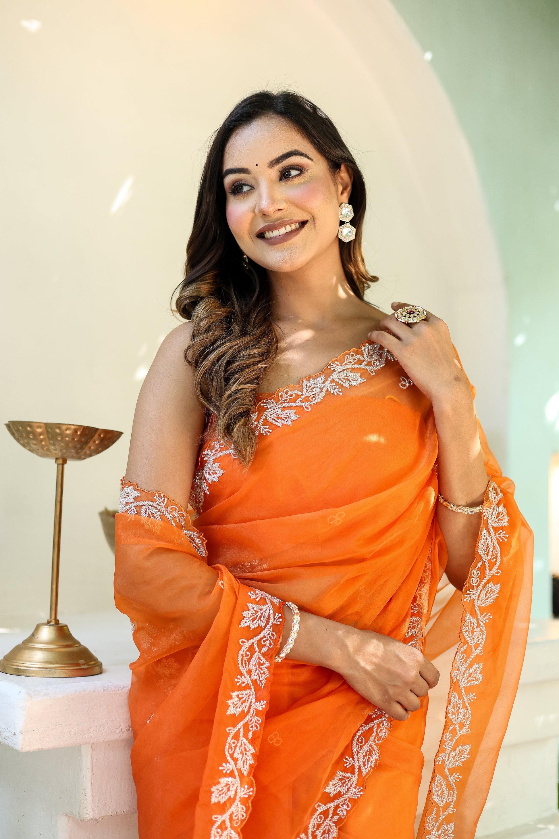 Enchanting Orange Chiffon Organza Hand Embroidered Saree Floral