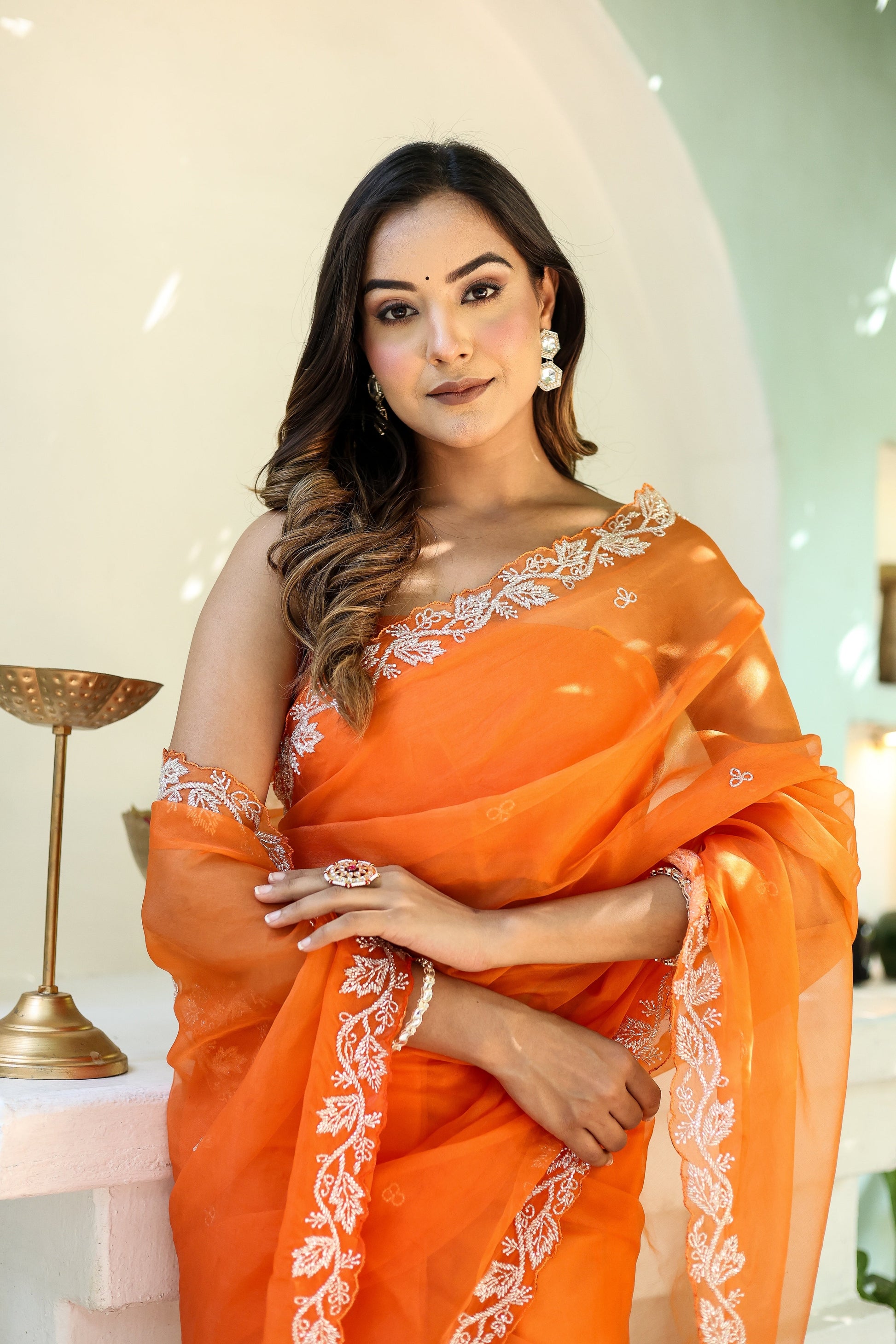 Enchanting Orange Chiffon Organza Hand Embroidered Saree Floral