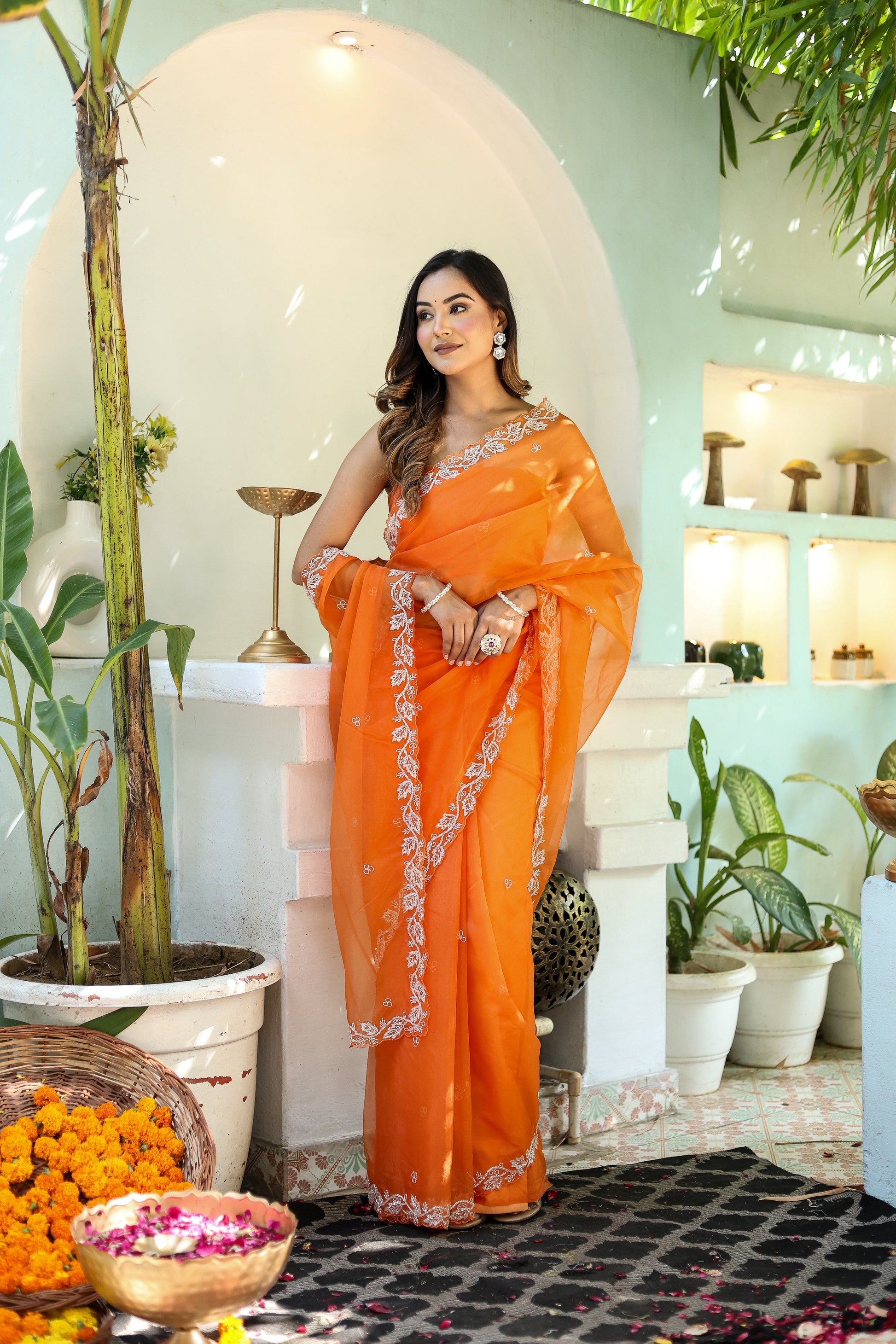 Enchanting Orange Chiffon Organza Hand Embroidered Saree Floral