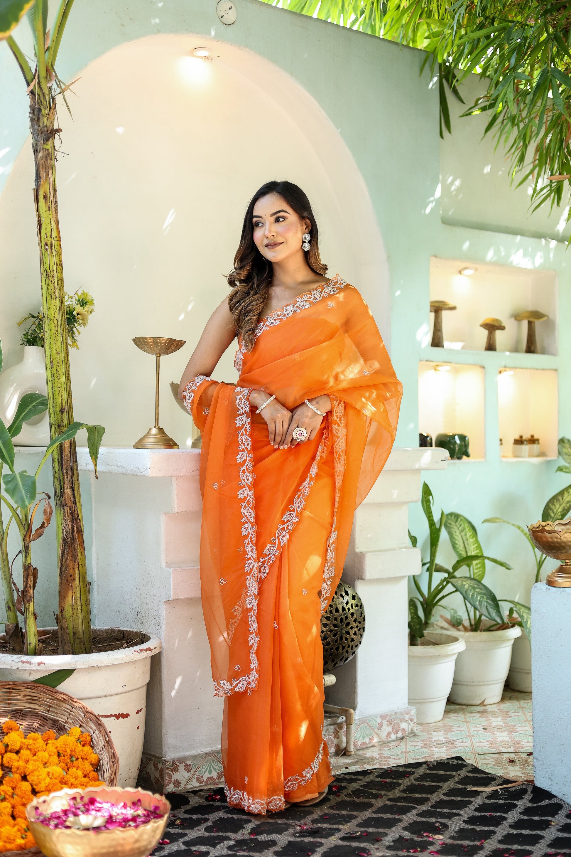 Enchanting Orange Chiffon Organza Hand Embroidered Saree Floral
