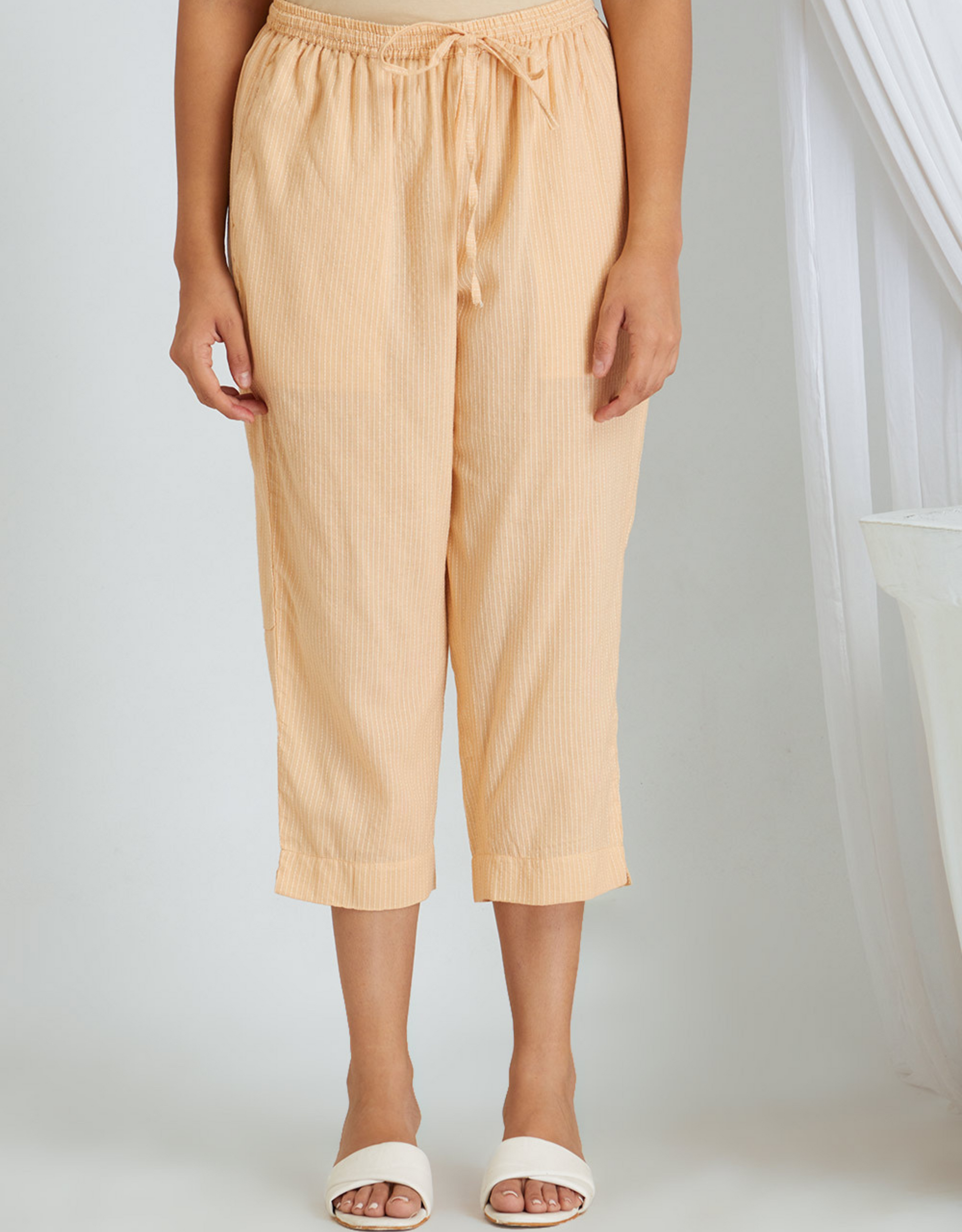 Peach Kantha Weaving Cotton Kurta Pants Co-ord Set Dori Flared