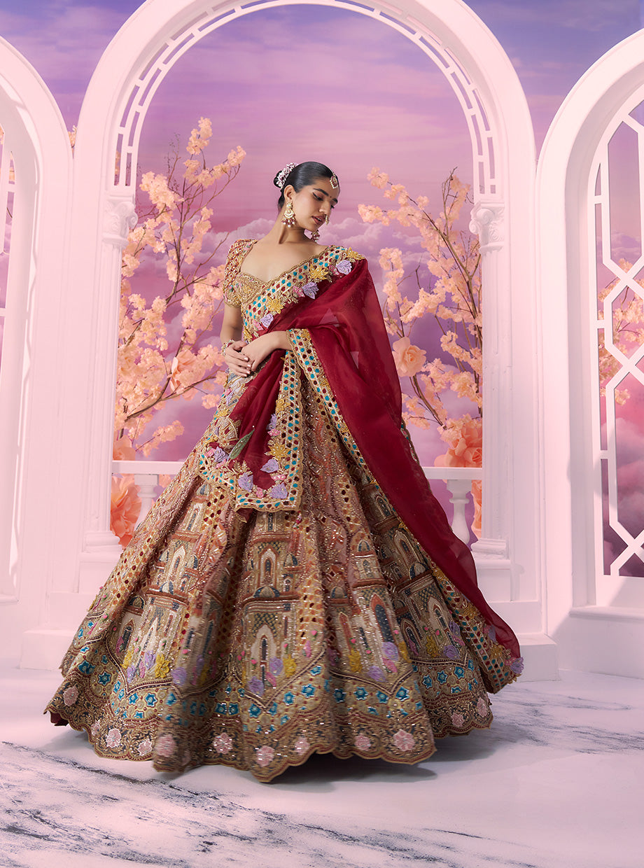 Opulent Peach Velvet Qila Cutwork Lehenga with 3D Dupatta