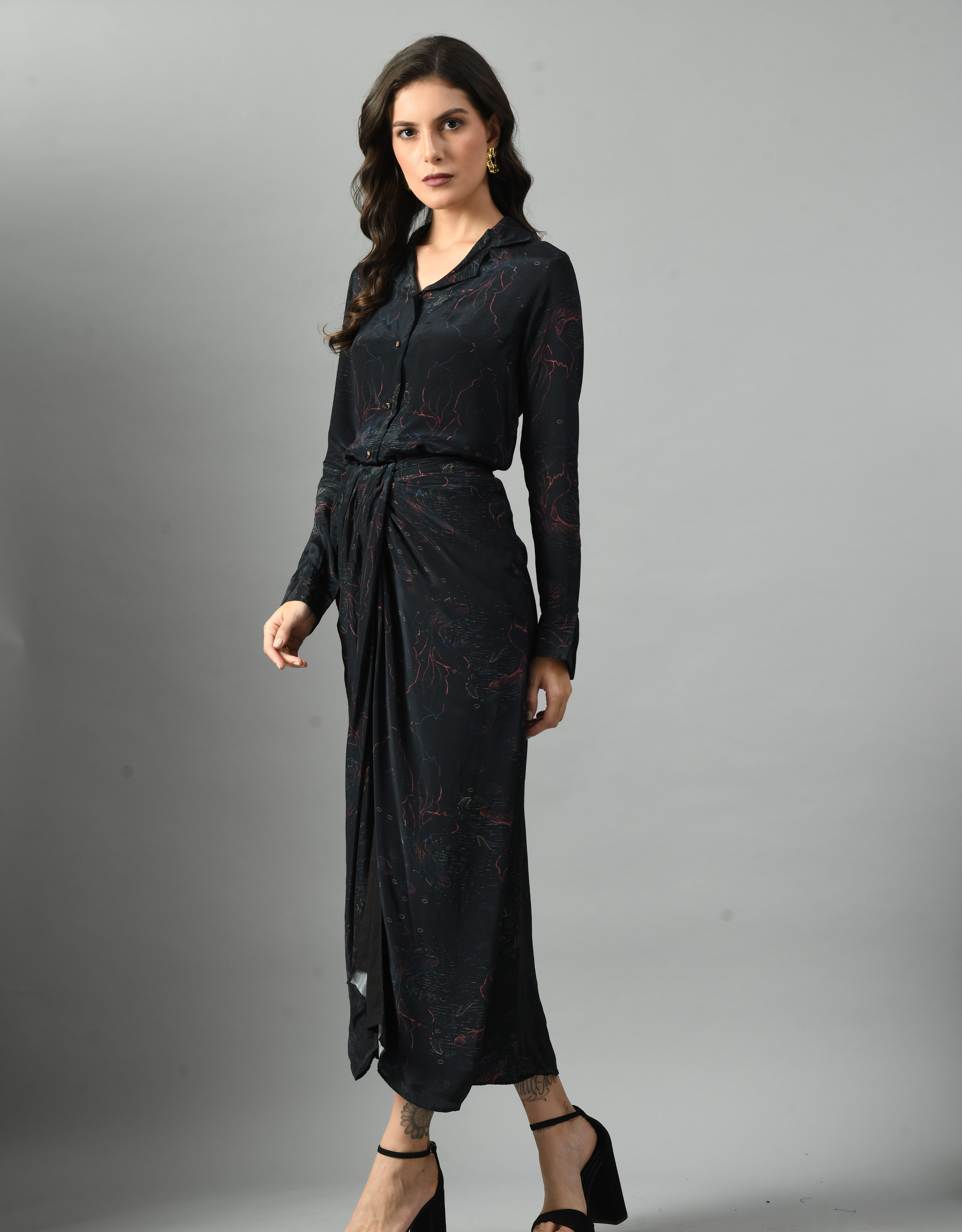 Exquisite Black Crepe Alice in Wondersea Drape Skirt Digital Print