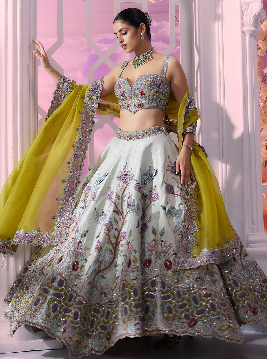 Sea Green Castle Embroidered Lehenga with Hot Pink Dupatta