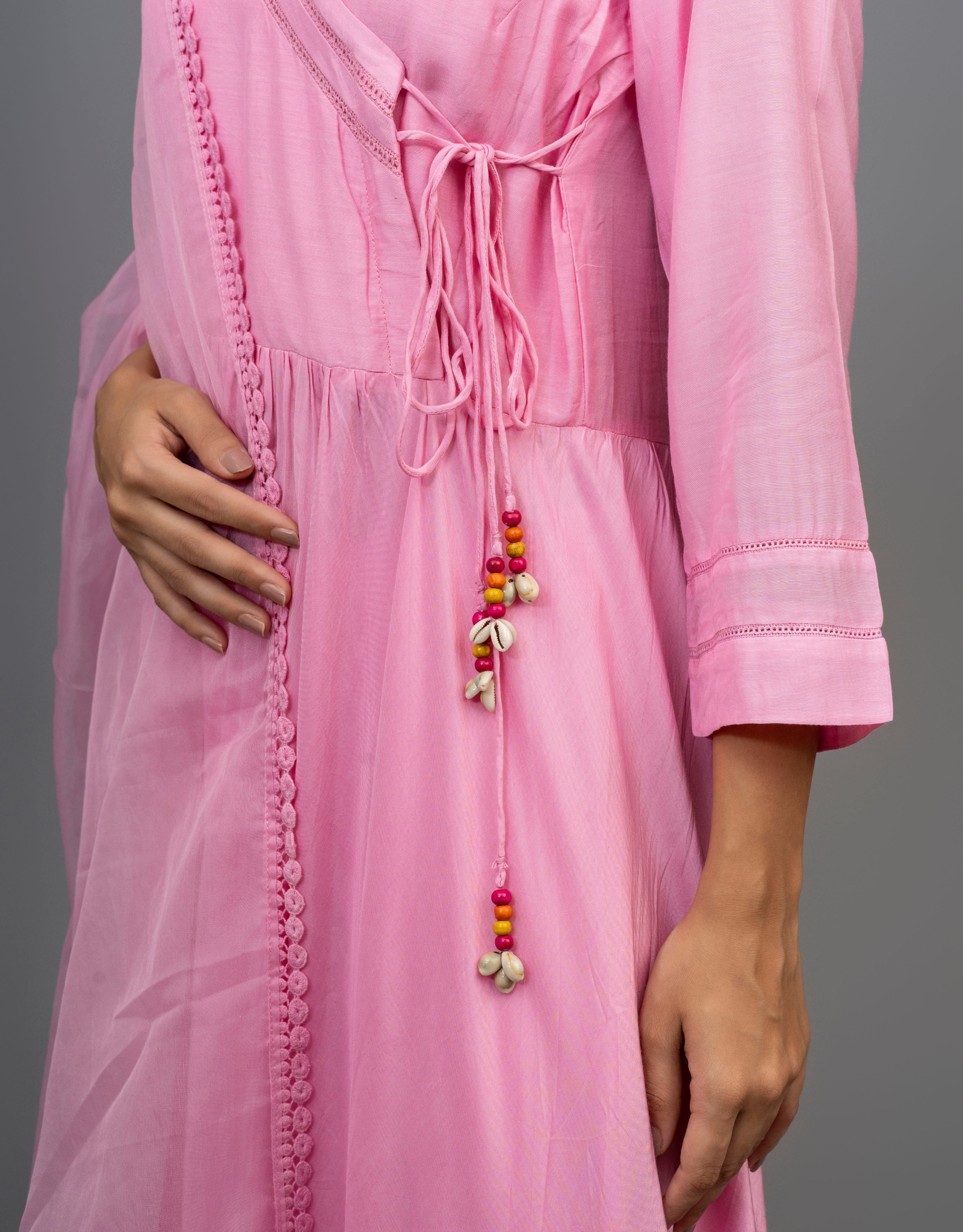 Purple Cotton Silk Gathered Angrakha Kurta Pants Organza Dupatta Lace