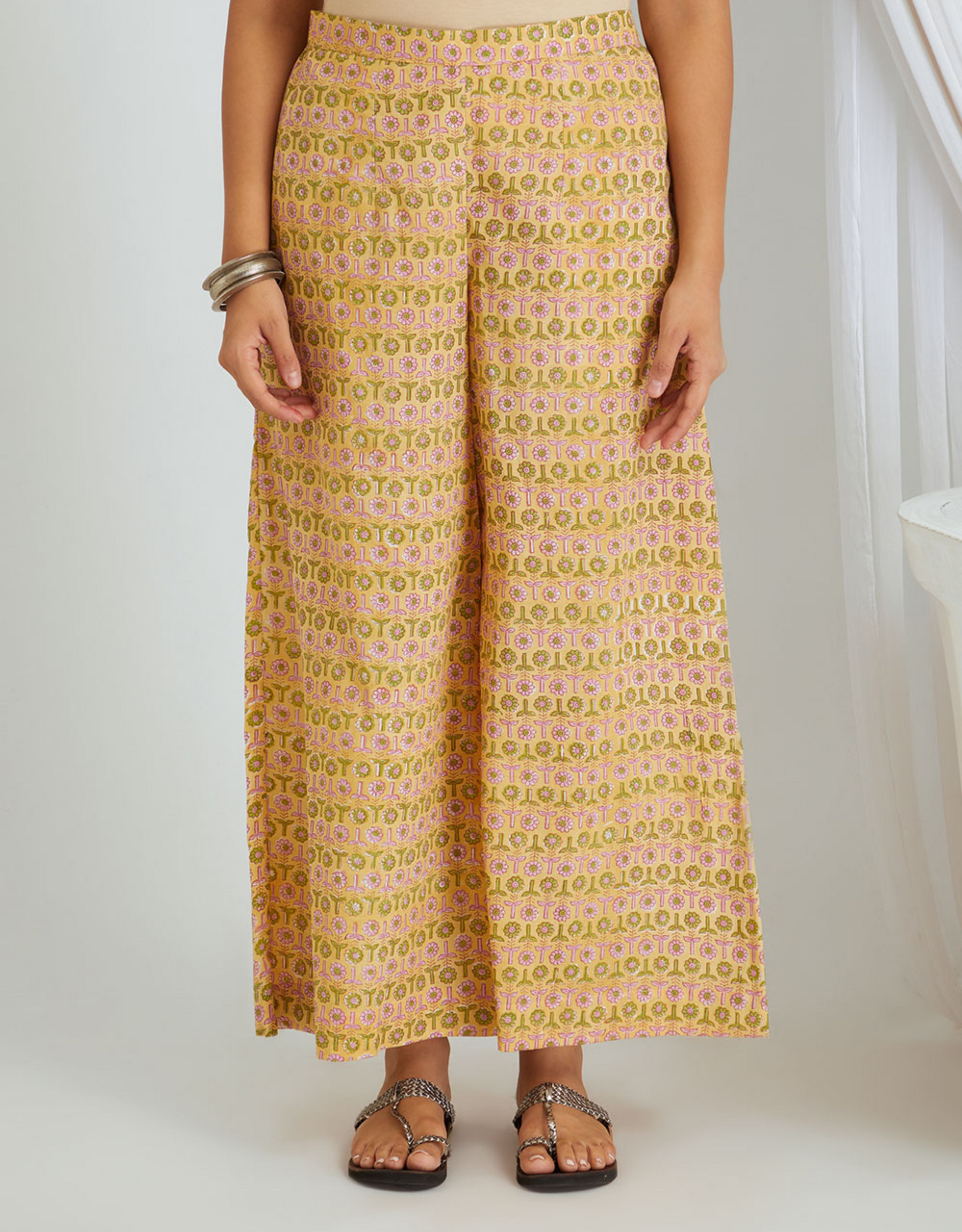 Mustard Yellow Hand Block Cotton Kurta Palazzo Co-ord Set Lace High Cut