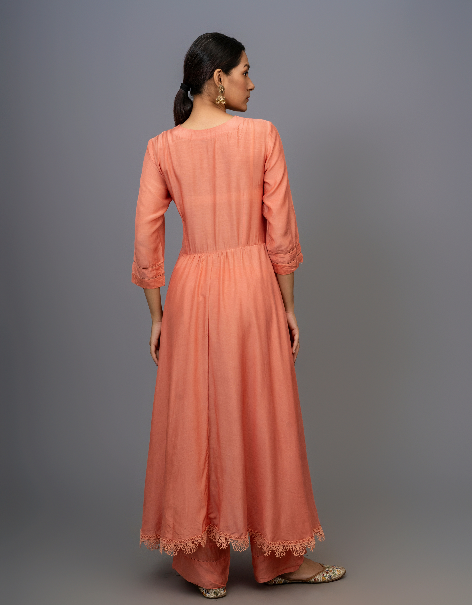 Rust Orange Cotton Silk Gathered Angrakha Kurta Pants Organza Dupatta Lace