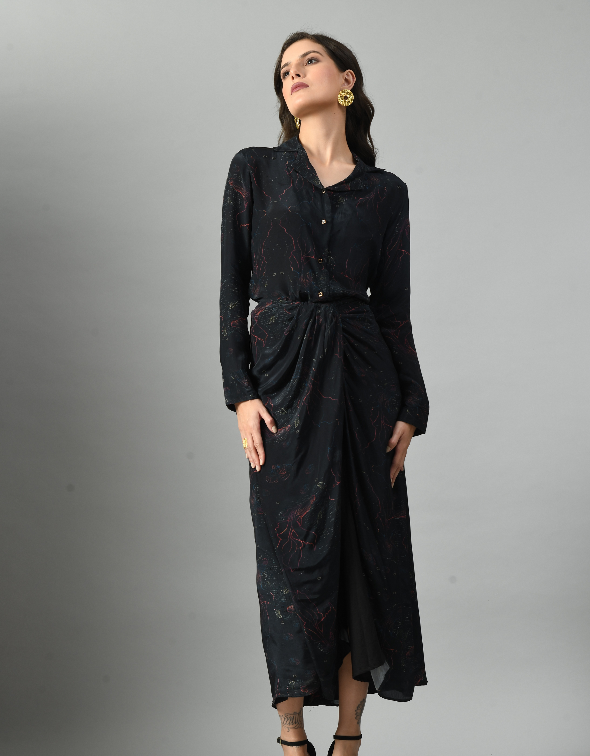 Unique Black Crepe Silk Alice in Wondersea Drape Shirt Skirt Set