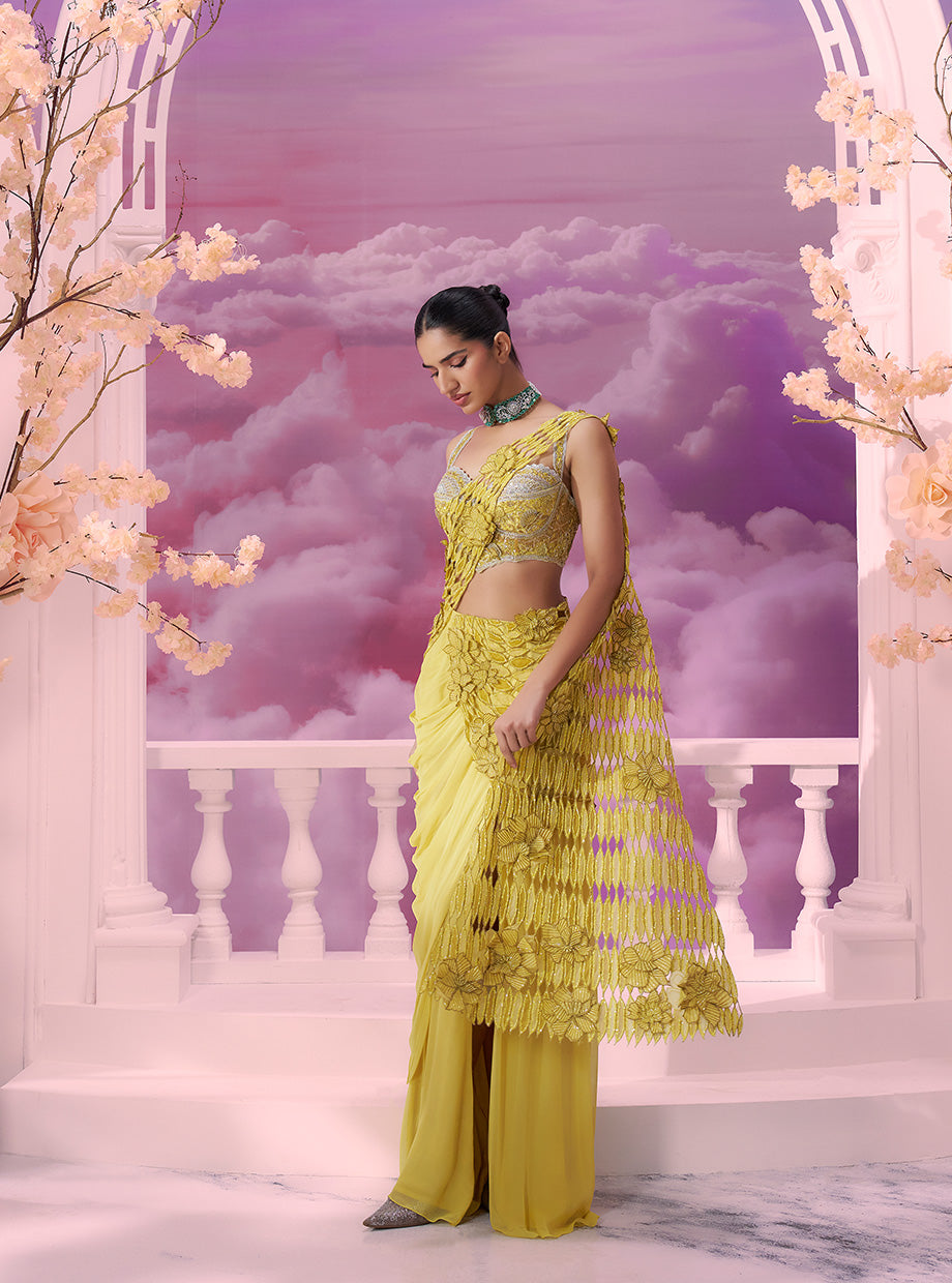 Vibrant Yellow Cutwork Drape Saree with Corset Top