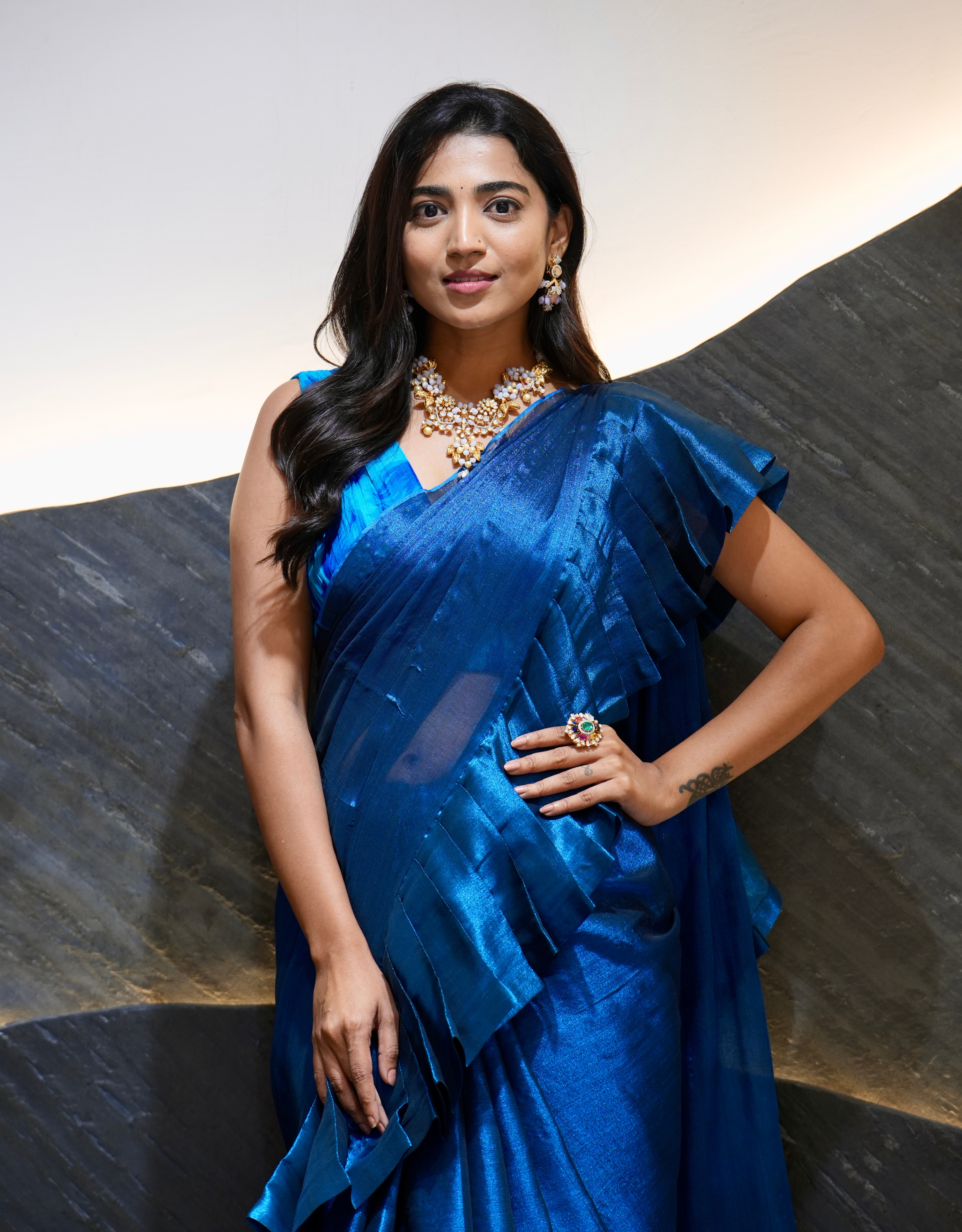 Sapphire Blue Tissue Ruffle Saree Printed Chiffon Pleated Blouse