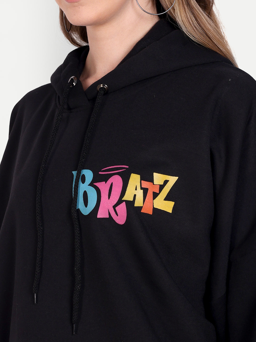 Cozy Black Fleece Bratz Print Hooded Sweatshirt - Front Back