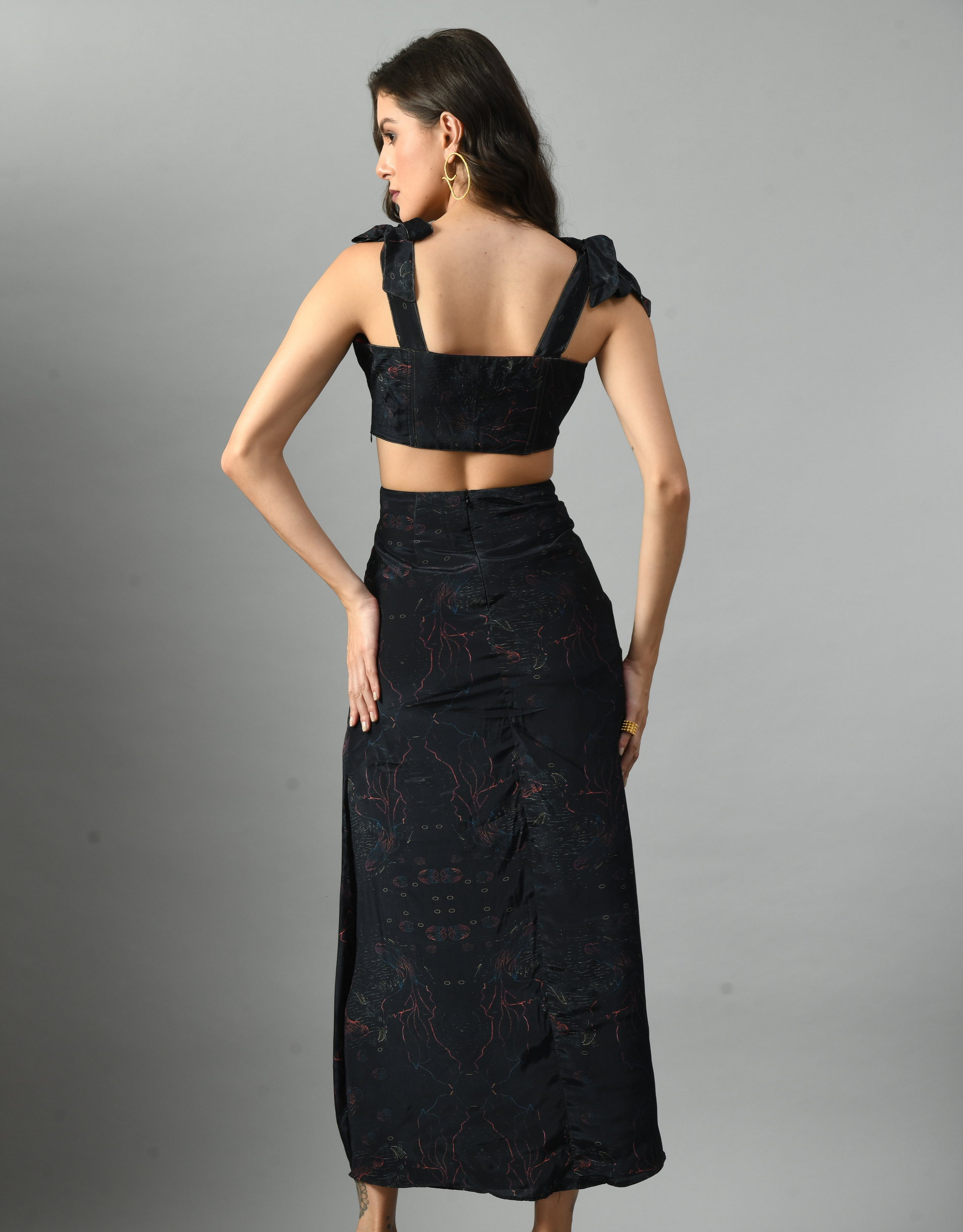Unique Black Crepe Silk Alice in Wondersea Bustier Skirt Set