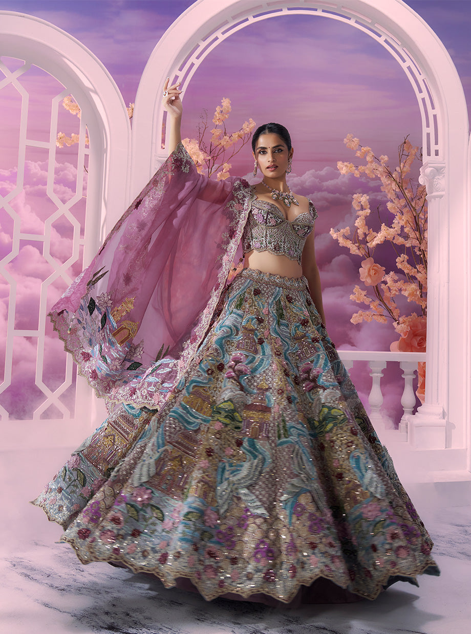 Luxurious Pink River & Crane 3D Embroidery Lehenga Corset Set