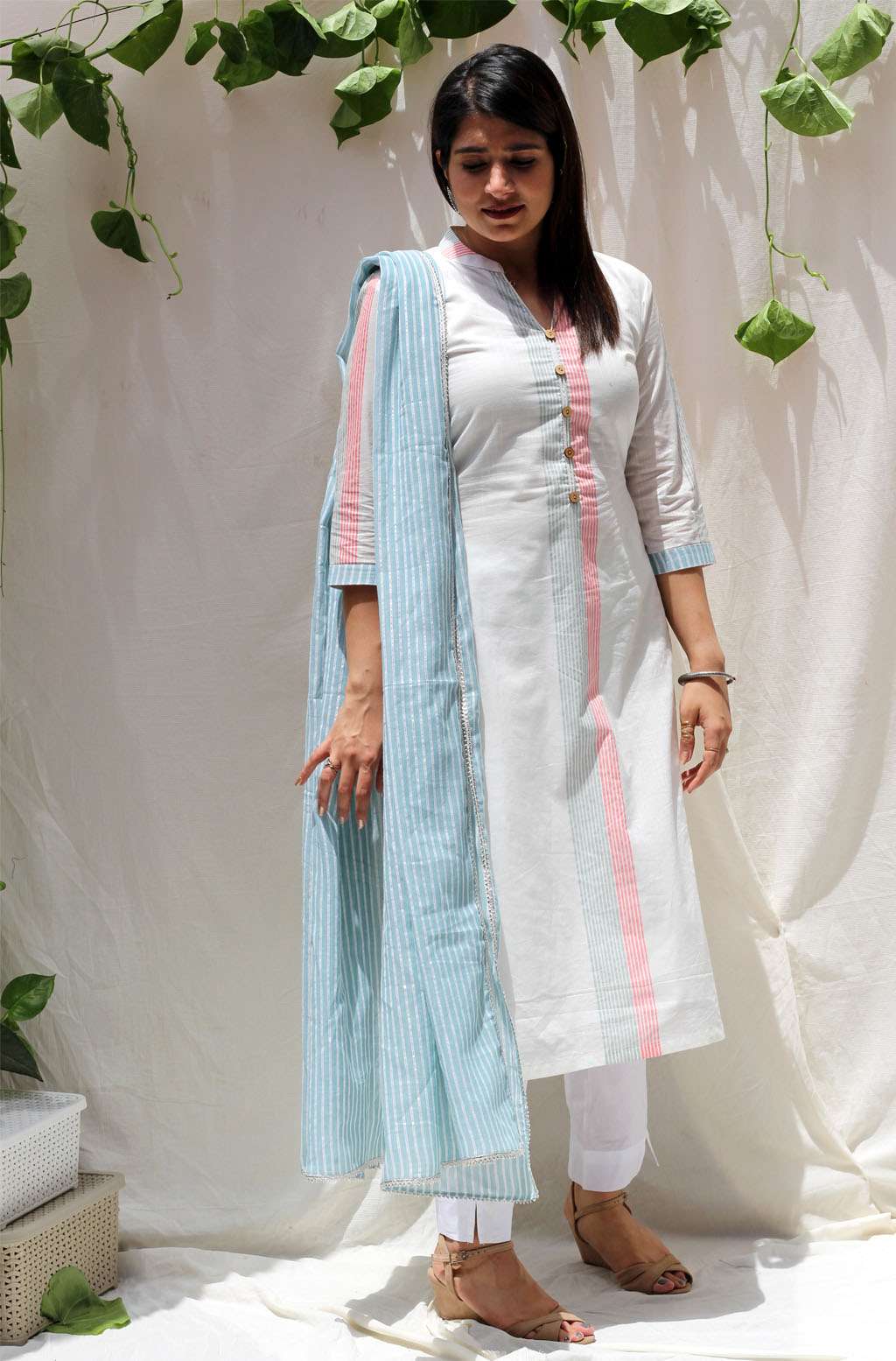 Classic White Aqua Peach Cotton Striped Kurta Pant Dupatta Set - Snow Drop