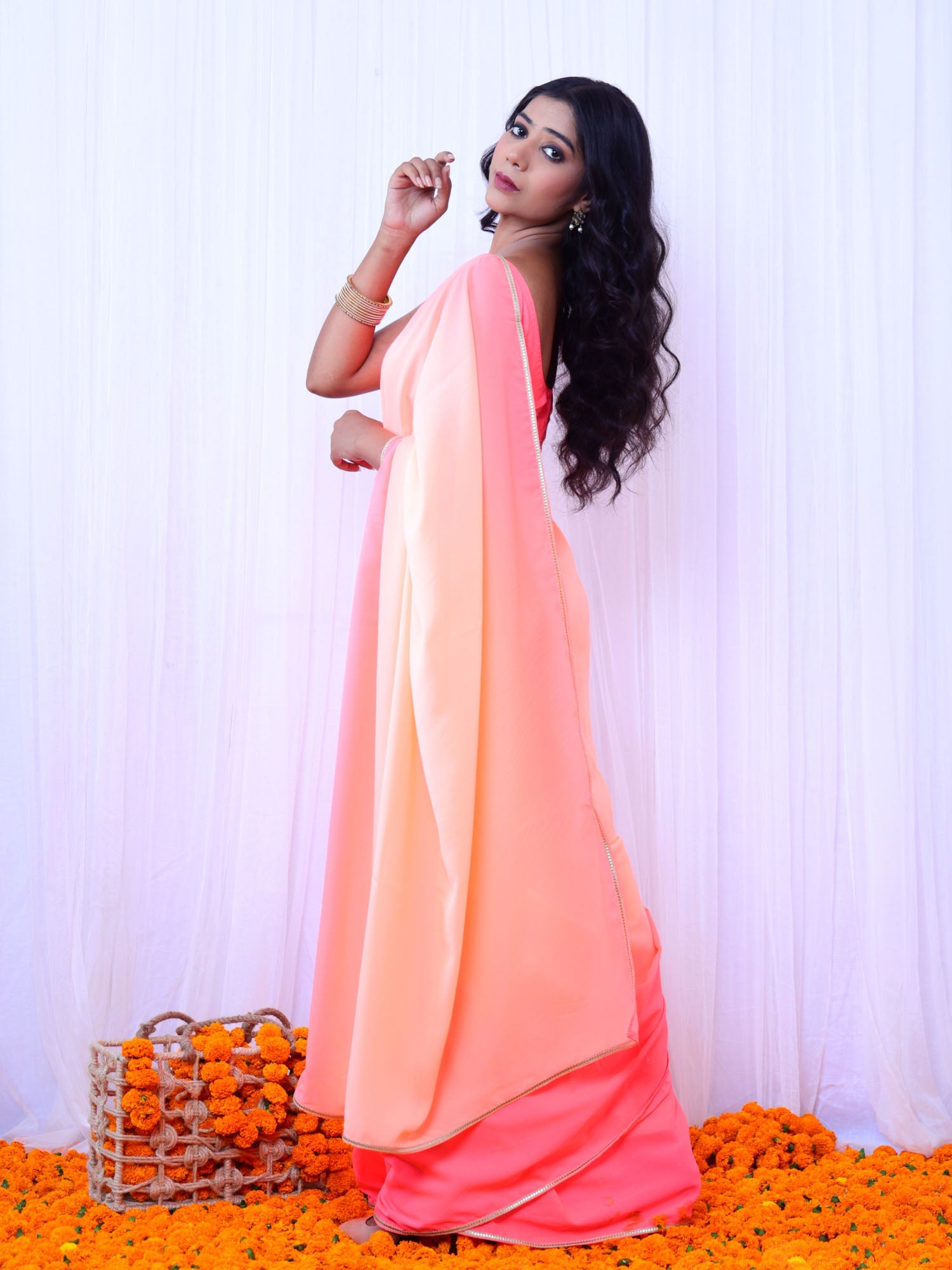 Rani Neon Orange & Pink Ombre Georgette Saree with Chanderi Blouse - Designer Saree