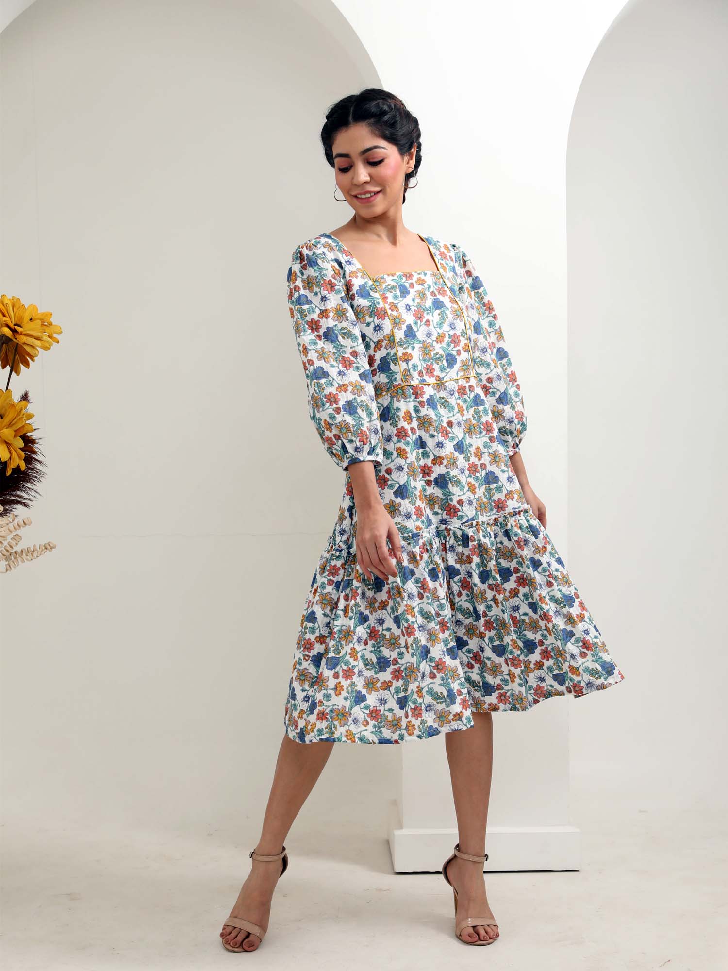 Charming Blue White Cotton Floral Print Puff Sleeve Dress - Valley Flowers