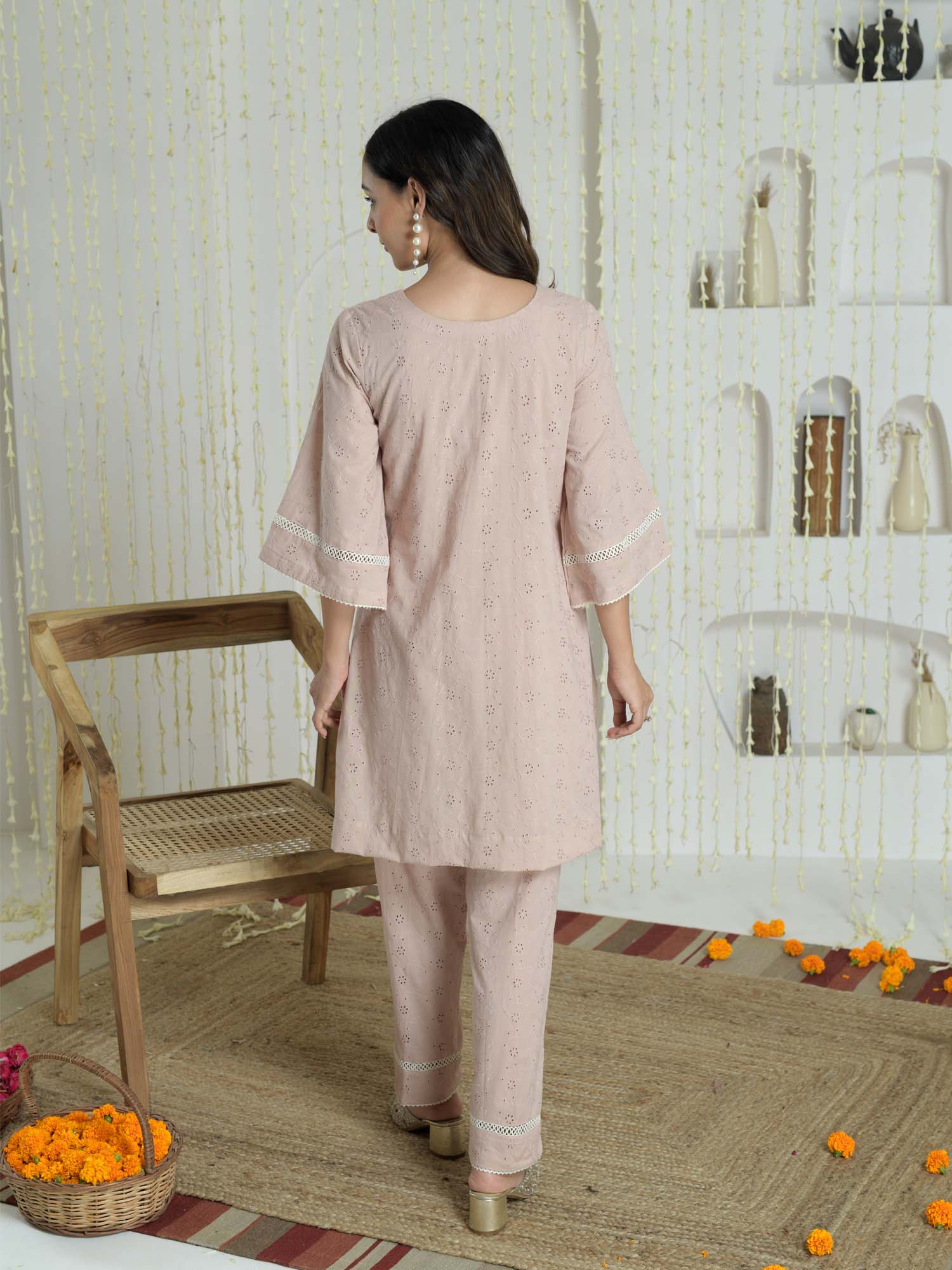 Delicate Pale Pink Cotton Lace Detail Coord Set - Aashiyan