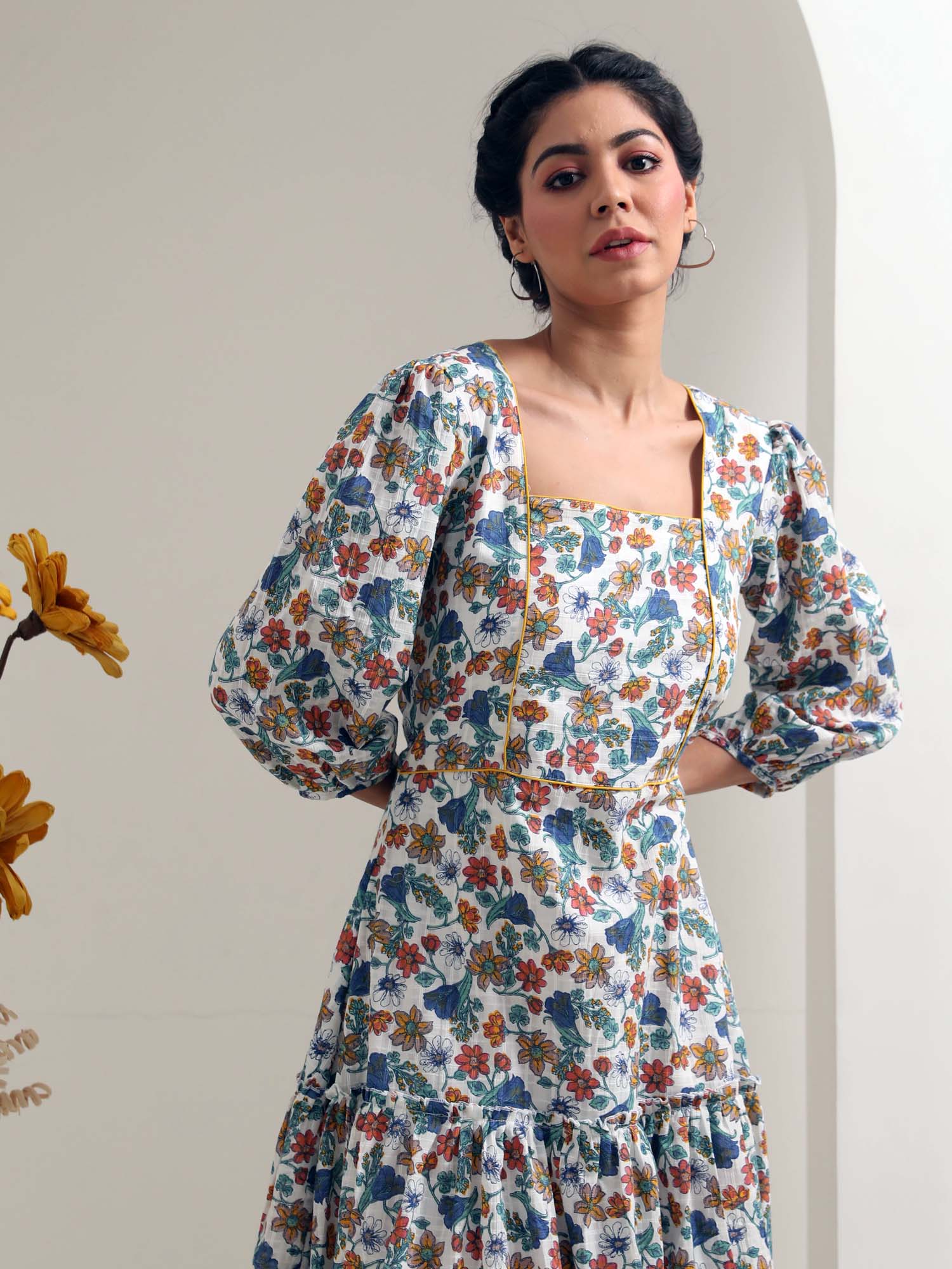 Charming Blue White Cotton Floral Print Puff Sleeve Dress - Valley Flowers