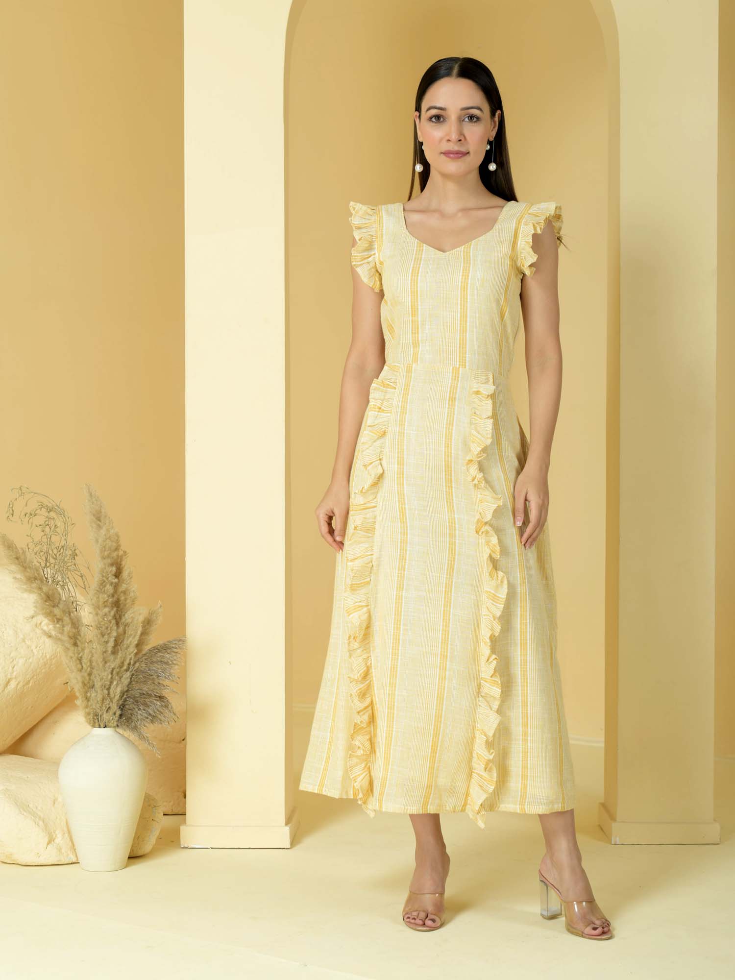 Luxurious Cream Yellow Cotton Striped Ruffle Dress - Marigold