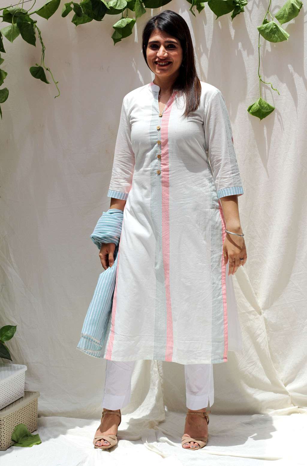 Classic White Aqua Peach Cotton Striped Kurta Pant Dupatta Set - Snow Drop