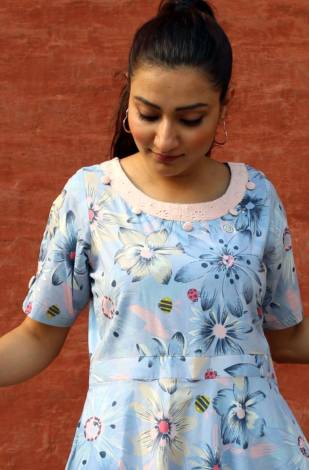 Beautiful Blue Cotton Perwinkle Floral Print Long Dress Buttons