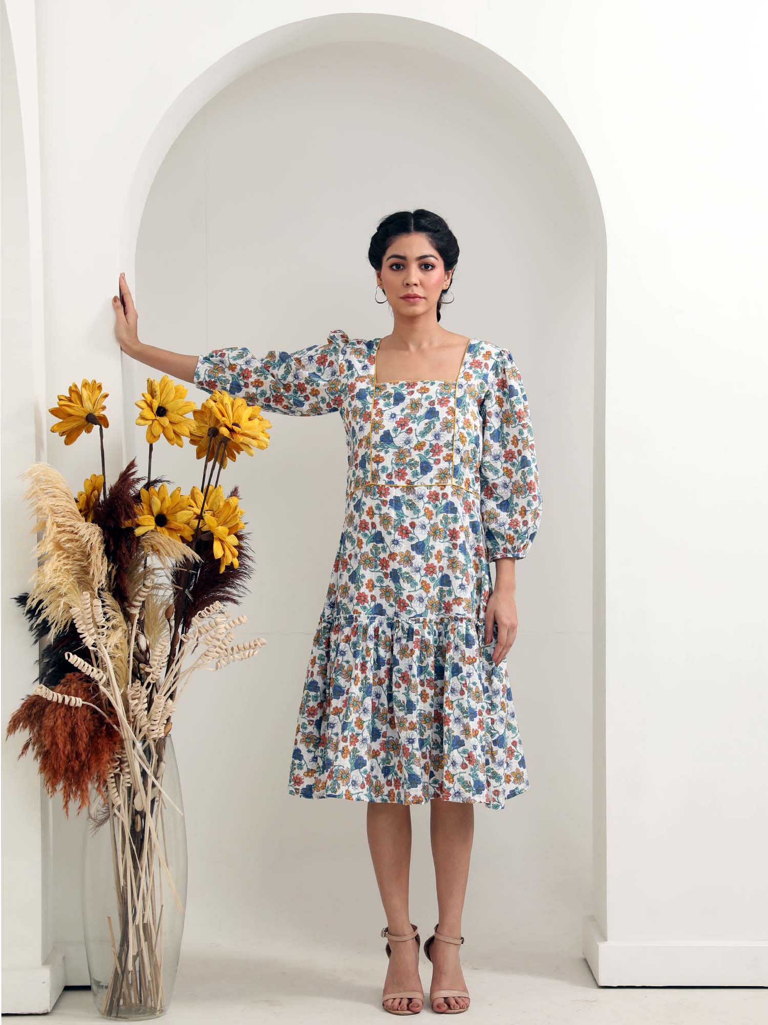 Charming Blue White Cotton Floral Print Puff Sleeve Dress - Valley Flowers