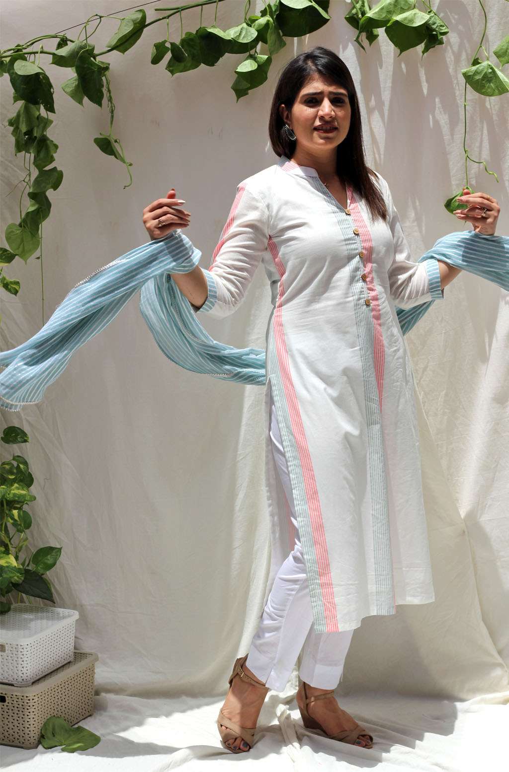 Classic White Aqua Peach Cotton Striped Kurta Pant Dupatta Set - Snow Drop