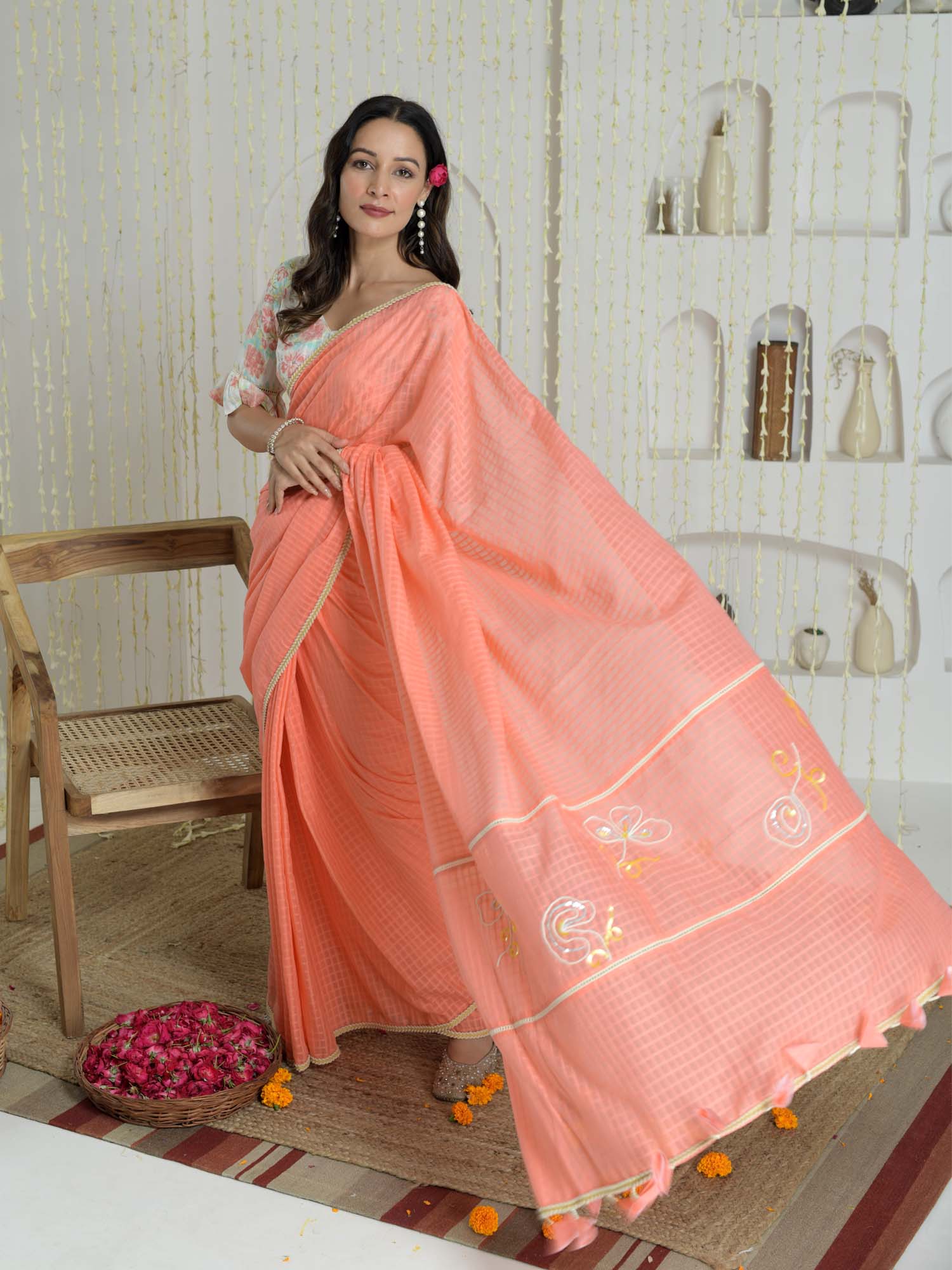 Sophisticated Pastel Orange Cotton Check Saree Embroidered Pallu