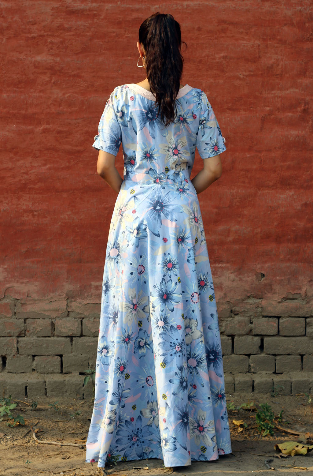 Beautiful Blue Cotton Perwinkle Floral Print Long Dress Buttons