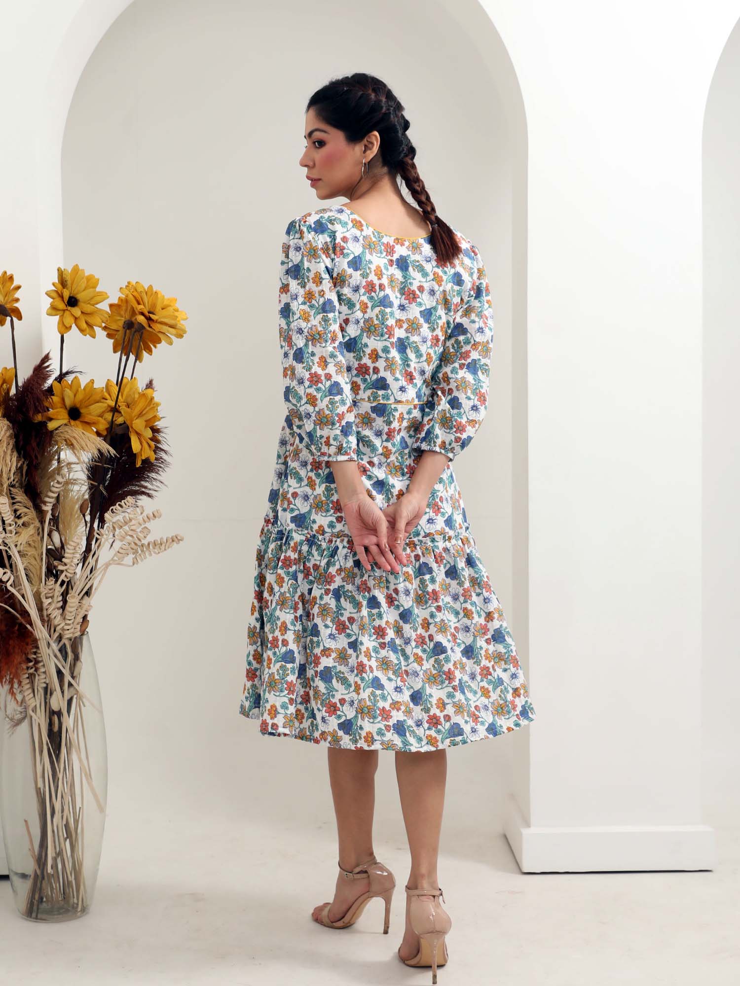 Charming Blue White Cotton Floral Print Puff Sleeve Dress - Valley Flowers