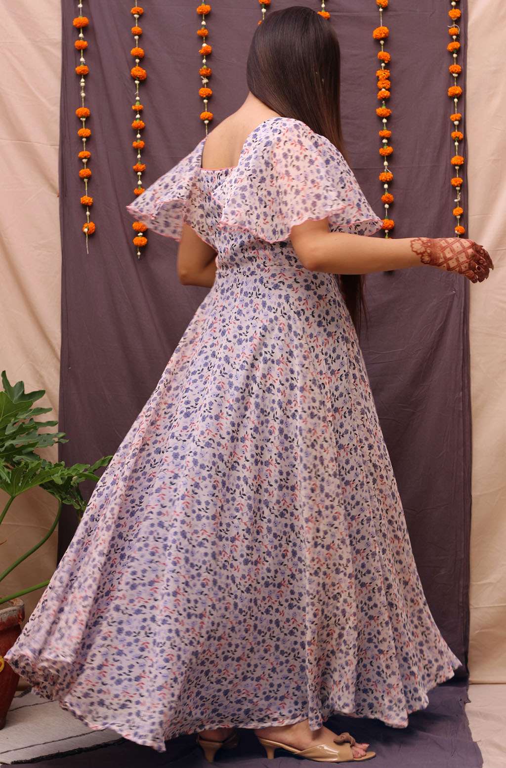 Twirl-Ready Purple Multicolor Georgette Floral Print Long Dress - Vasundhara