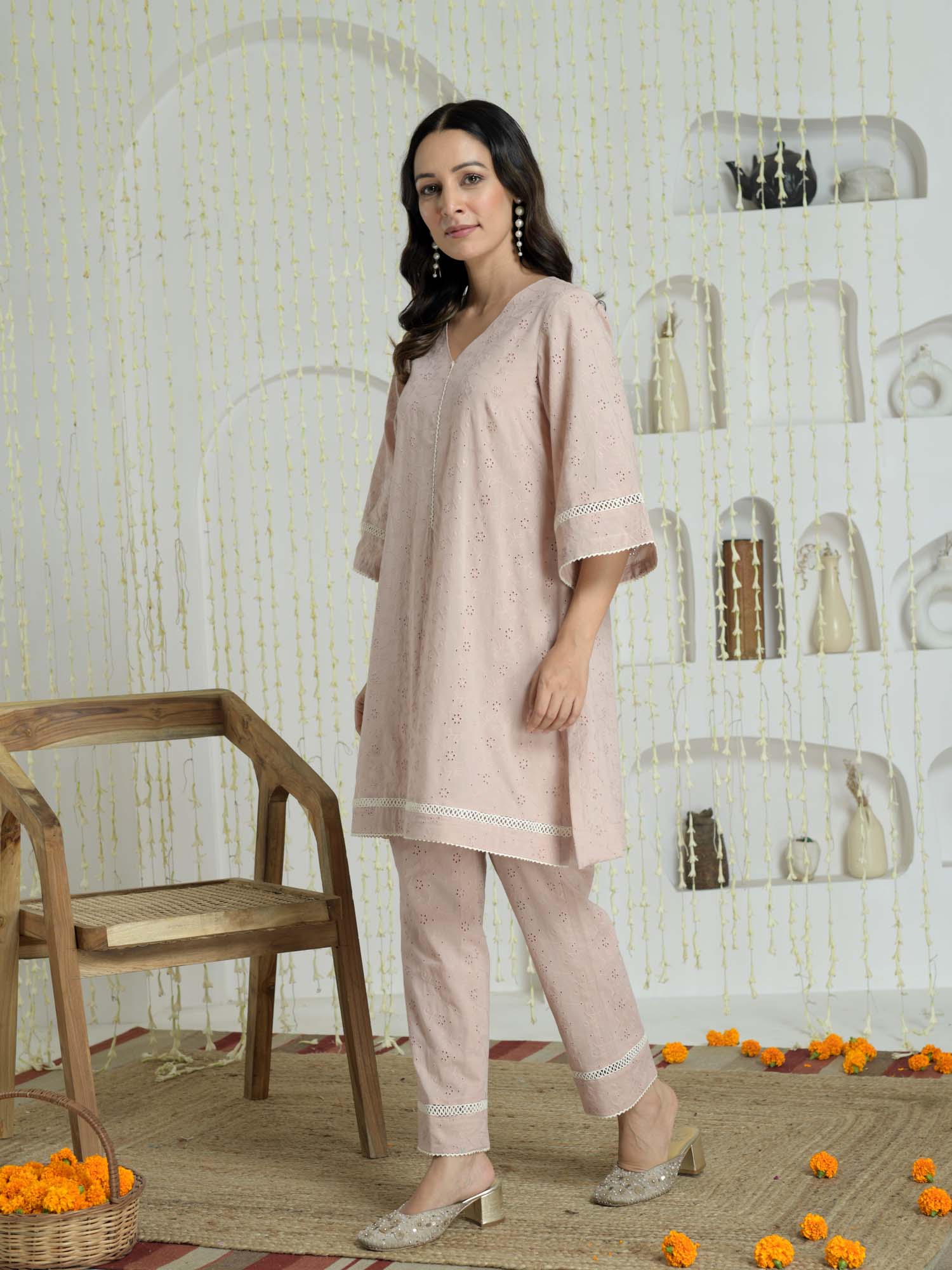 Delicate Pale Pink Cotton Lace Detail Coord Set - Aashiyan