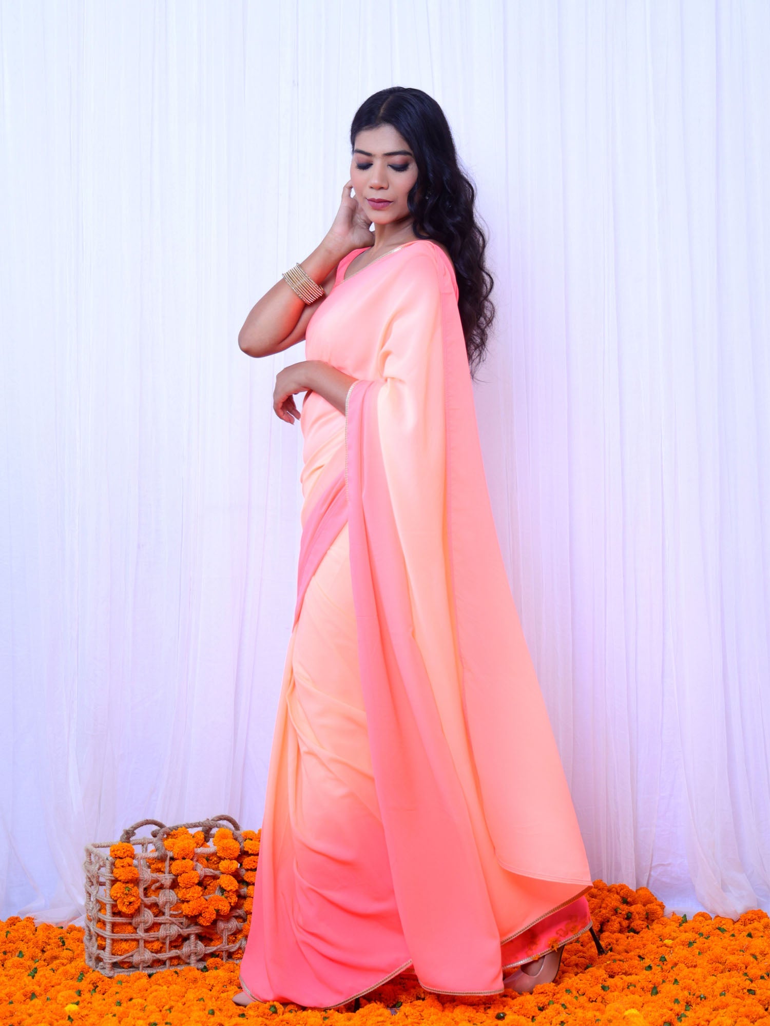 Rani Neon Orange & Pink Ombre Georgette Saree with Chanderi Blouse - Designer Saree