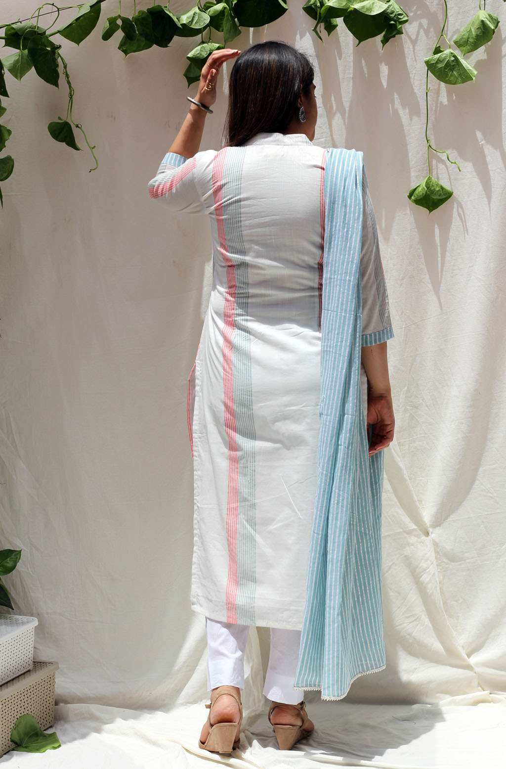Classic White Aqua Peach Cotton Striped Kurta Pant Dupatta Set - Snow Drop
