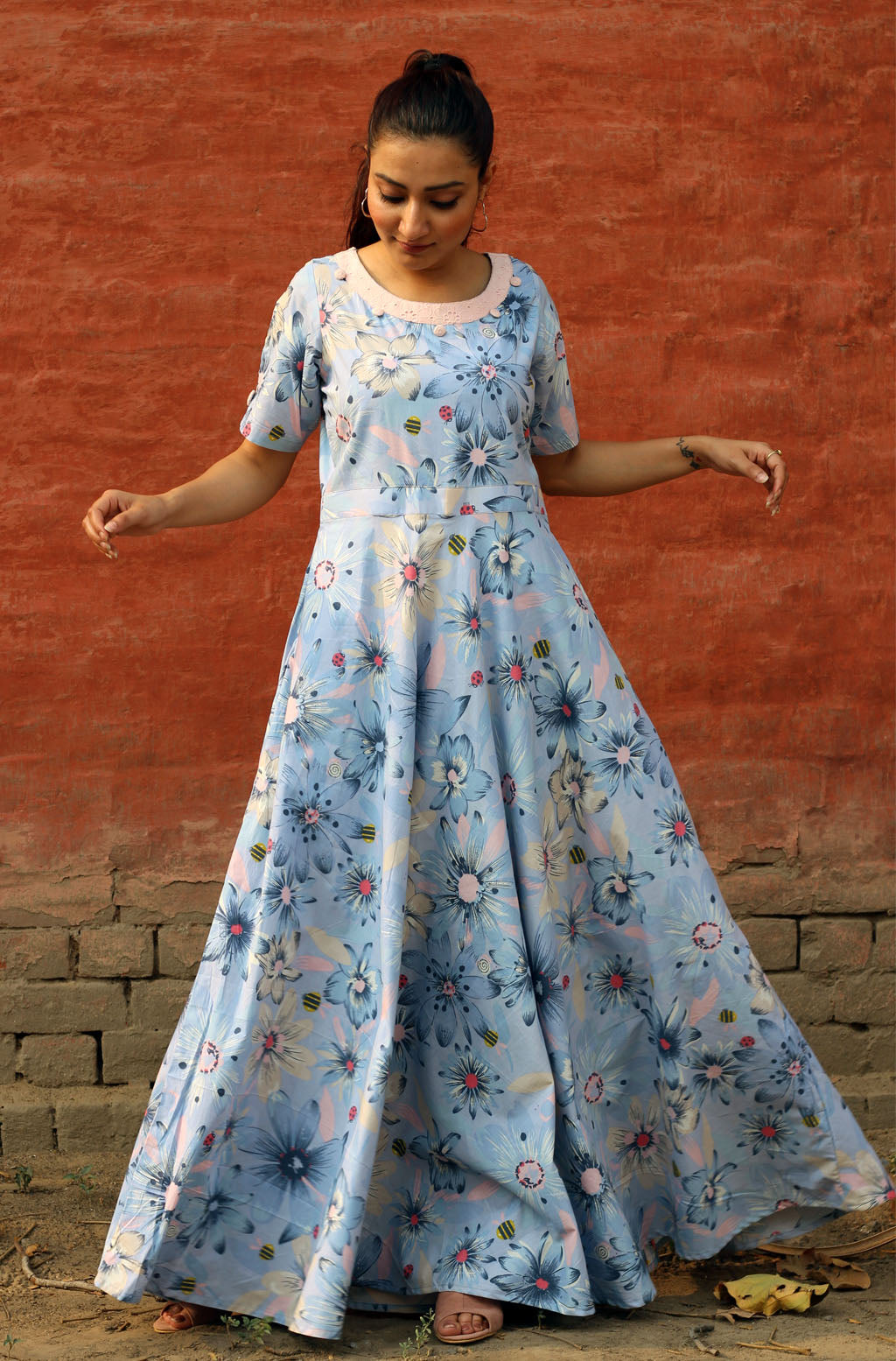 Beautiful Blue Cotton Perwinkle Floral Print Long Dress Buttons