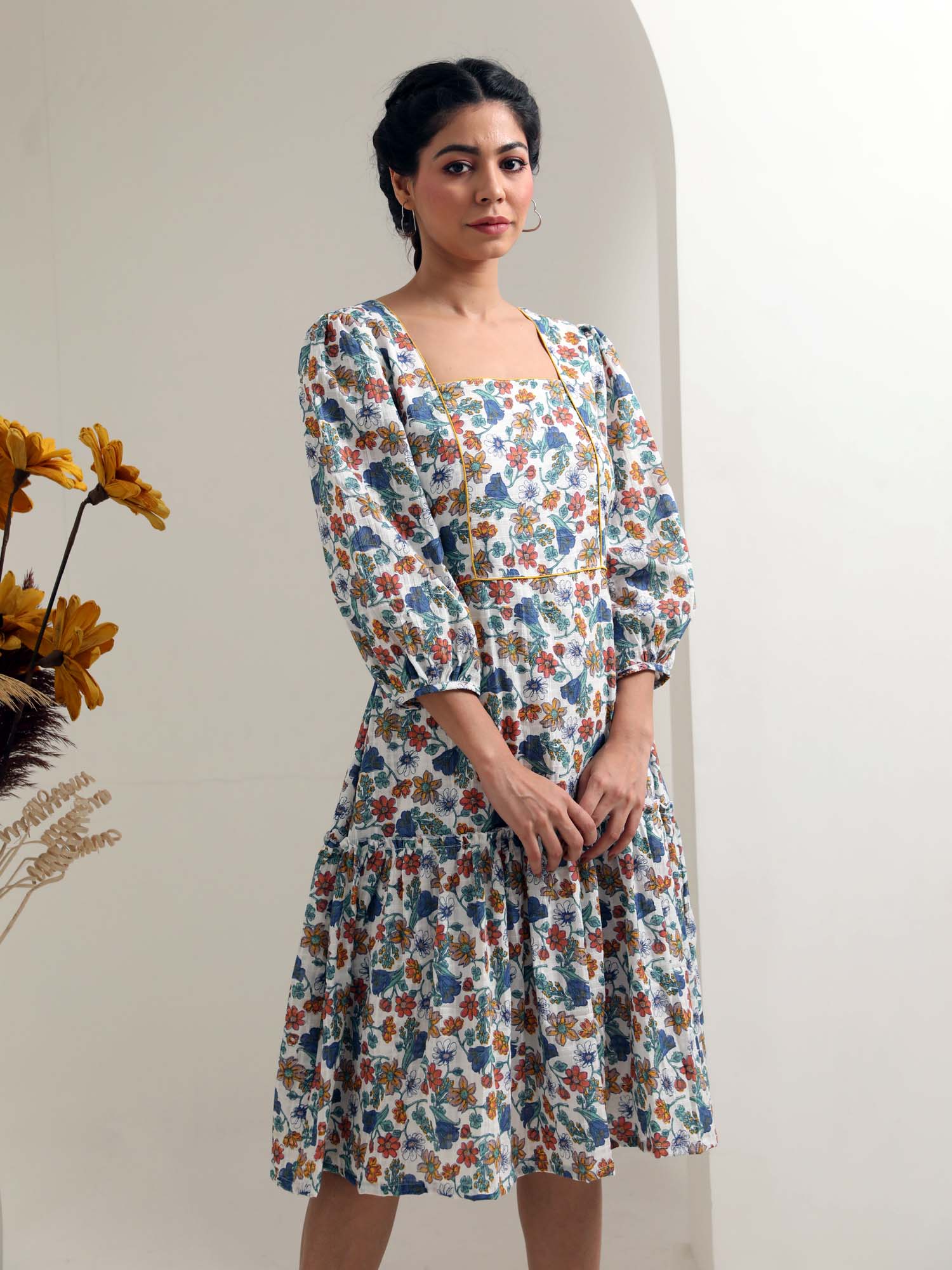 Charming Blue White Cotton Floral Print Puff Sleeve Dress - Valley Flowers