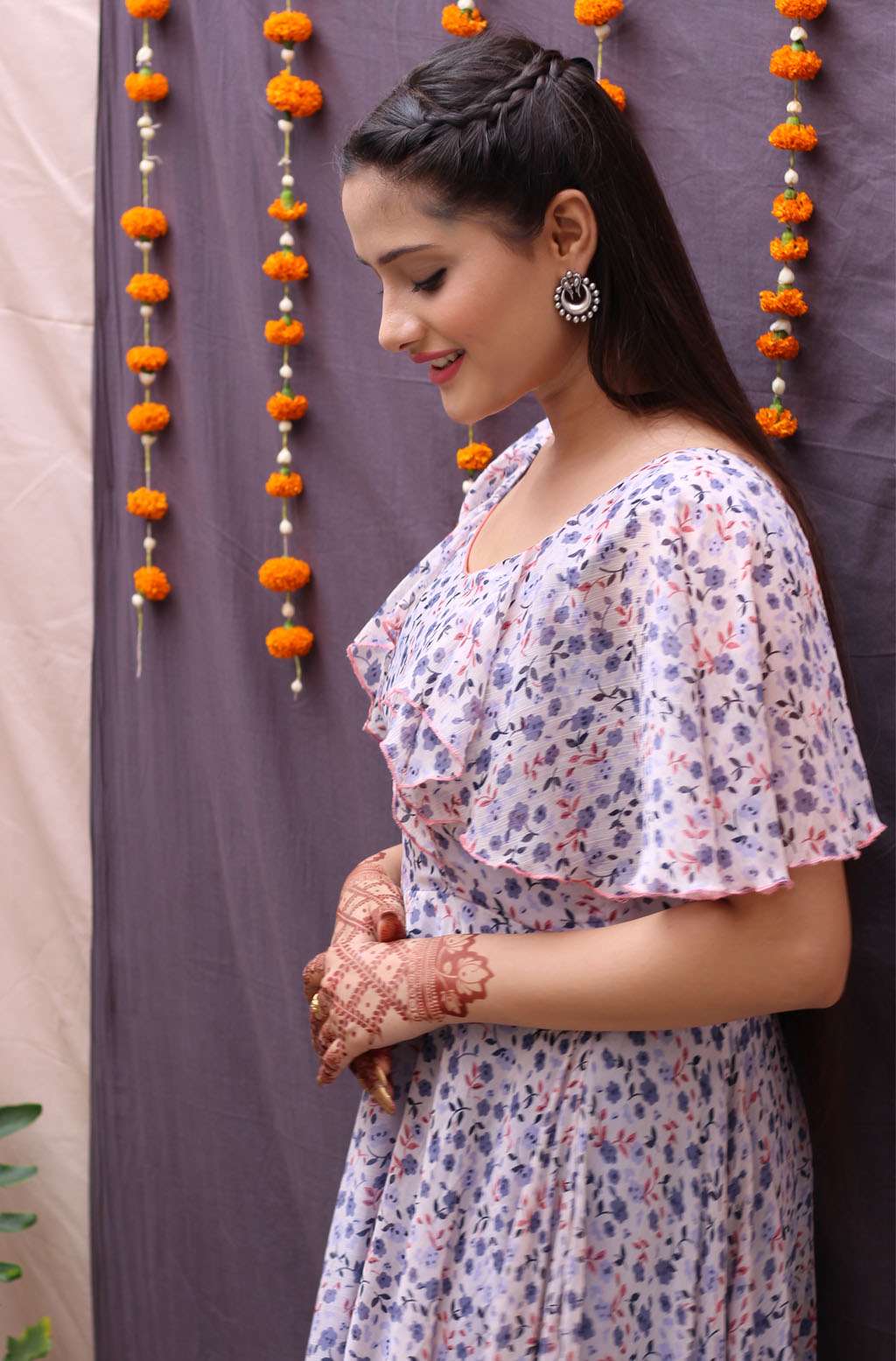 Twirl-Ready Purple Multicolor Georgette Floral Print Long Dress - Vasundhara