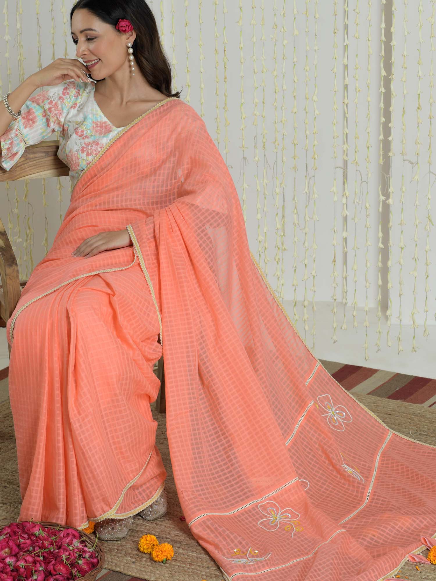 Sophisticated Pastel Orange Cotton Check Saree Embroidered Pallu