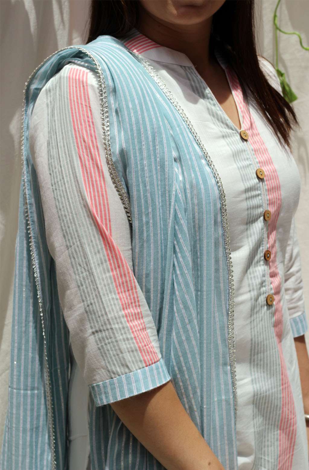 Classic White Aqua Peach Cotton Striped Kurta Pant Dupatta Set - Snow Drop