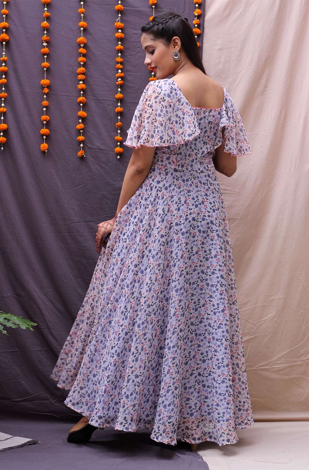 Twirl-Ready Purple Multicolor Georgette Floral Print Long Dress - Vasundhara